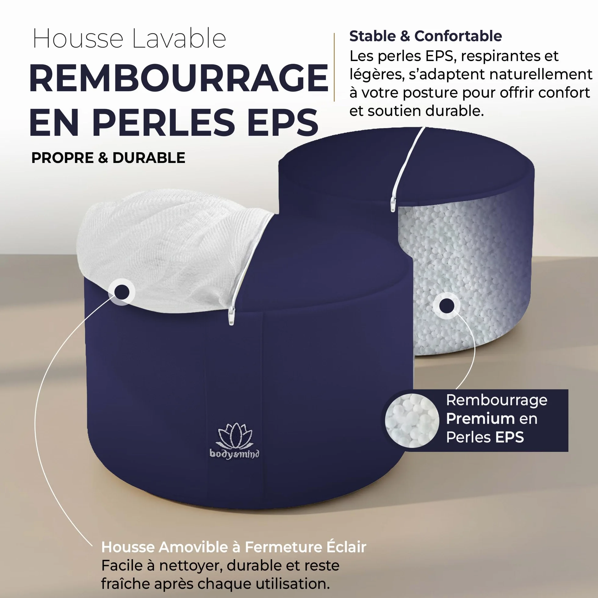 Body & Mind® Coussin de Yoga Coussin de Sol pour la méditation et Le Yoga ; Housse Lavable et Rembourrage Respirant de qualité supérieure ; Hauteur d'assise 19 cm