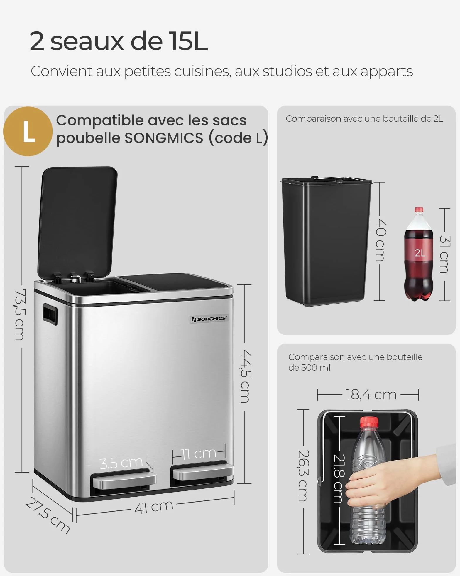 SONGMICS Poubelle Cuisine 2 x 15 L Tri Pédale Acier Argent Métallique Noir