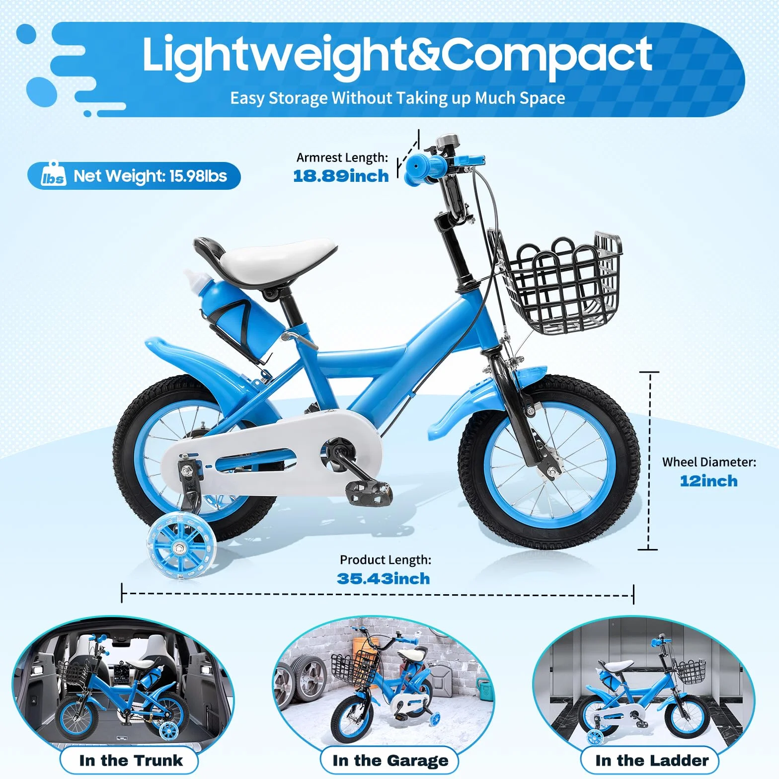 Velo Enfant 3 Ans, Velo Enfant 4 Ans, Velo 12 Pouces, avec Cadre Acier Carbone, Double Frein, Selle Réglable et Roues Stabilisatrices, Capacité 40kg, Vélo Enfant pour 2-4 Ans