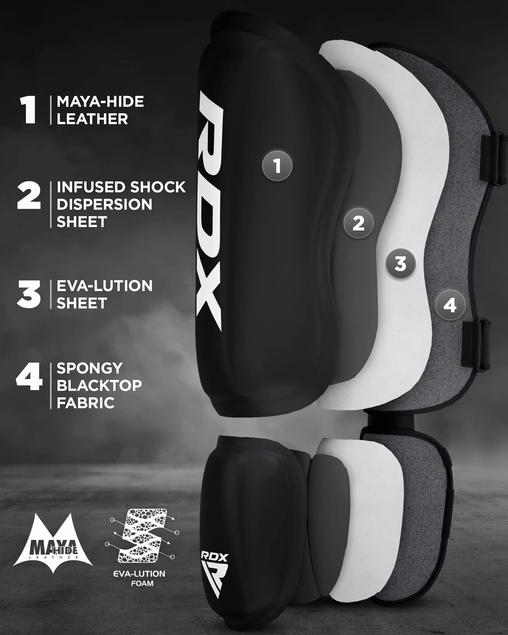 RDX Protège Tibia Pied Boxe, Shin Instep Guard, Maya Hide Cuir, SATRA SMMAF Approuvé, Protection pour Arts Martiaux, Karaté d’entraînement, MMA Kick Boxing Muay Thai
