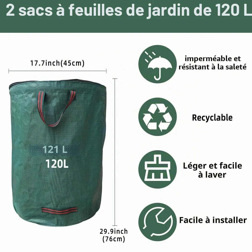 Sac Déchets Jardin Autoportant 120L Résistant Indéchirable avec Couvercle Poignées Réutilisable