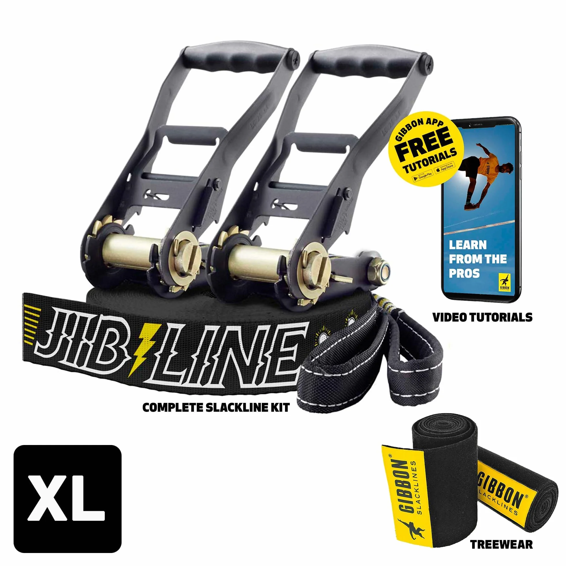Gibbon Slacklines JibLine Set Trickline XL | 25 m (20 m + 2 x 2,5 m de bande à cliquet) | 2 cliquets | TreeWear | 5 cm de large | Impression antidérapante | Charge de rupture 30 Kn | Pour débutants et