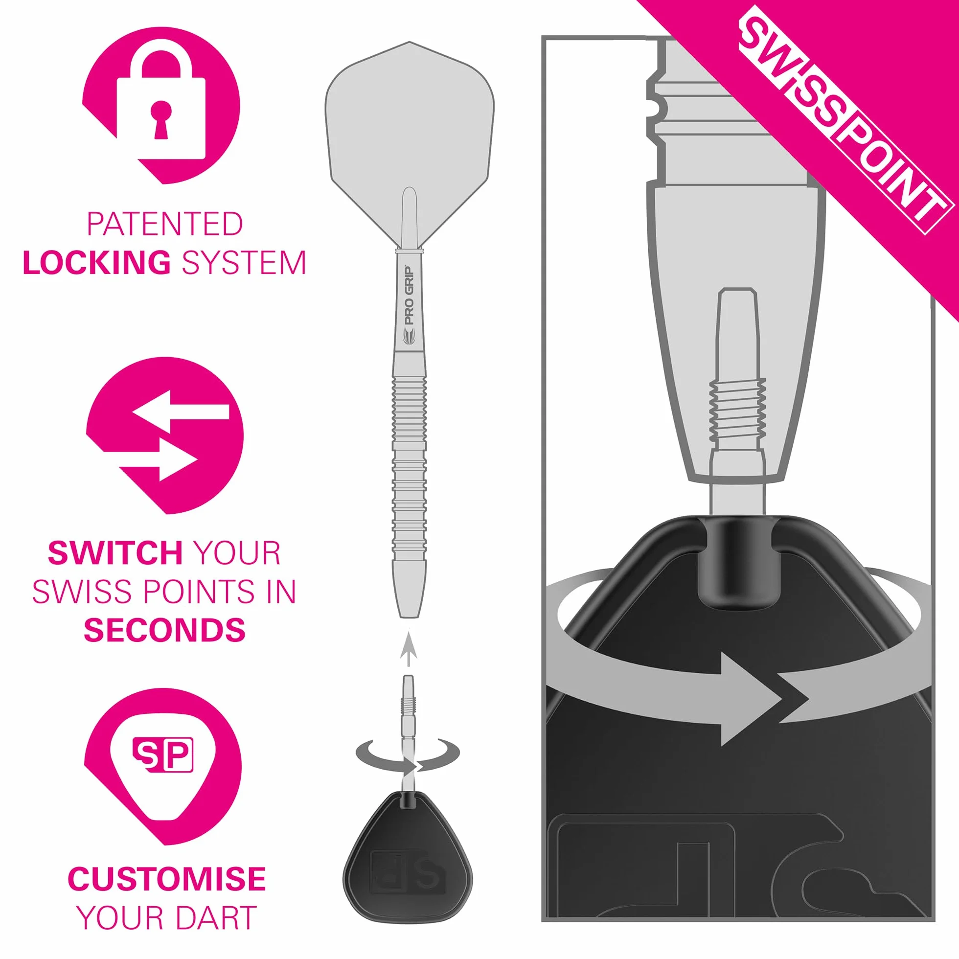 Target Darts Swiss Point Storm Pointes de Fléchettes, RST (Lot de 3 Embouts) 30MM/35MM/42MM – Or/Argent/Noir | Changez Les Pointes de Fléchettes, Les Pointes Swiss Storm, Accessoires Professionnels