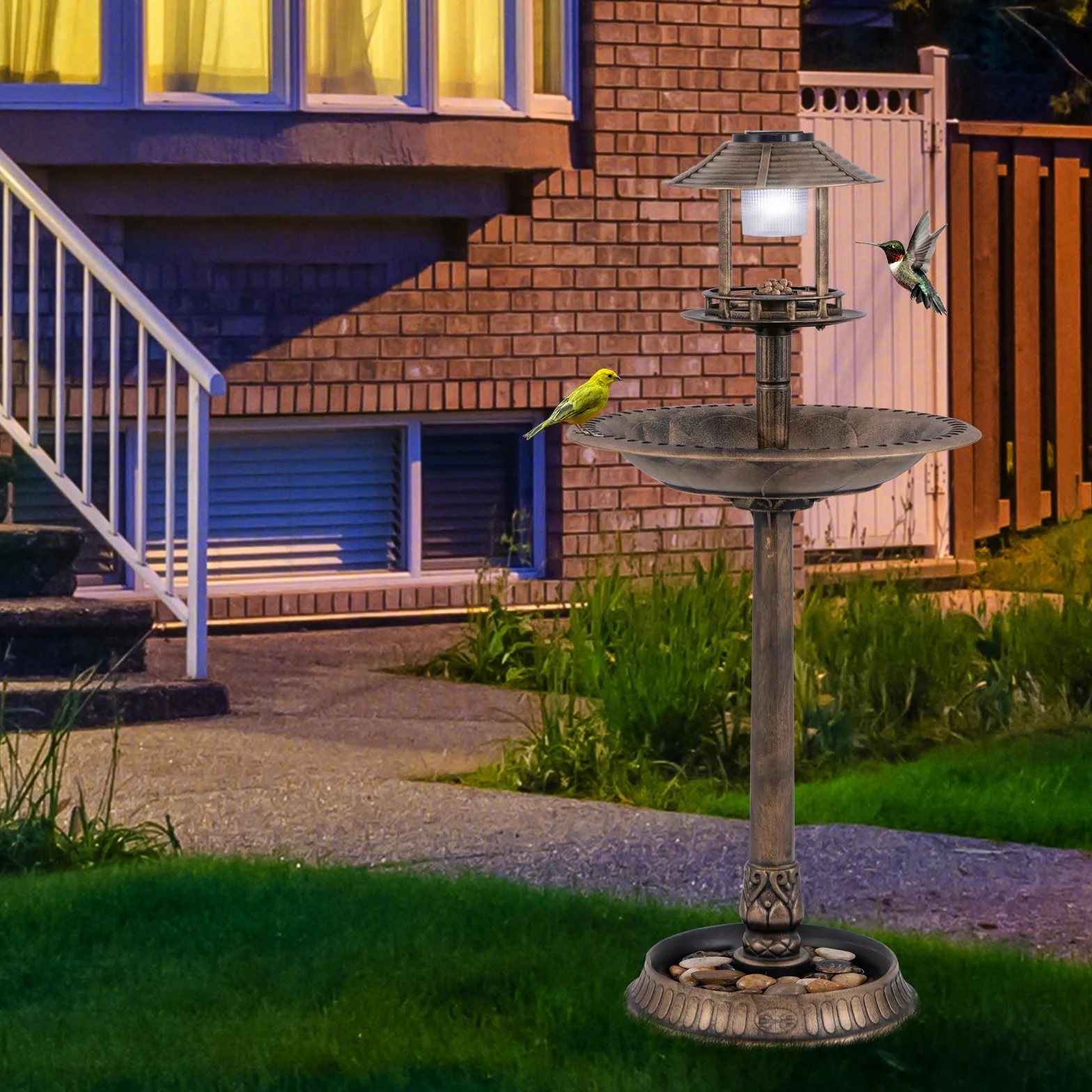 COSTWAY Bain d'oiseaux 3 en 1 Solaire, Décoration Extérieur Pied Rétro Éclairé Lampe Jardinière Mangeoire Abreuvoir Oiseaux Jardin Bronze