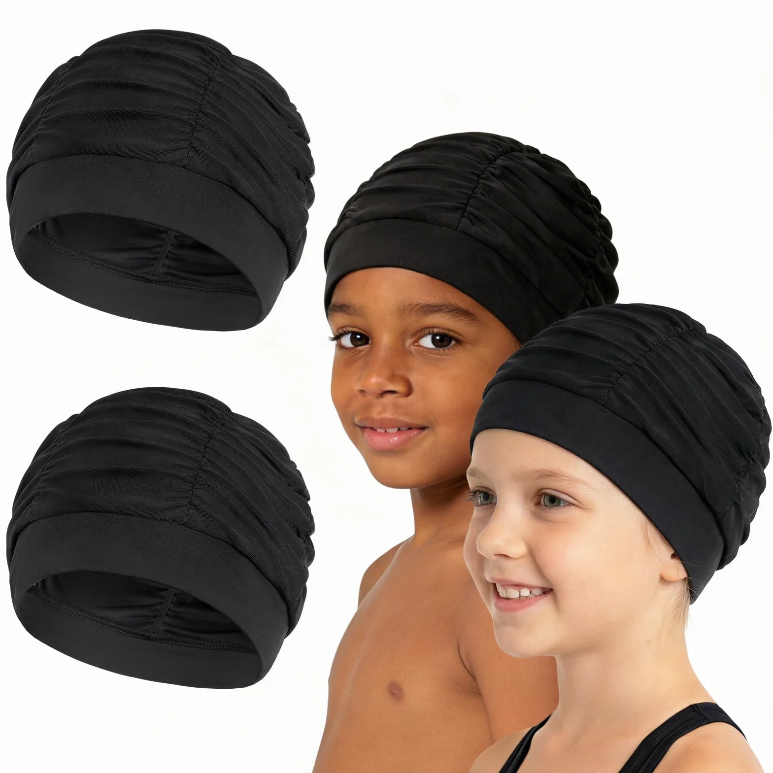 Kiiwah 2 Pièces Bonnet de Bain Enfant, Bonnet de Piscine en Tissu Plissé Extensible pour Cheveux Longs et Courts