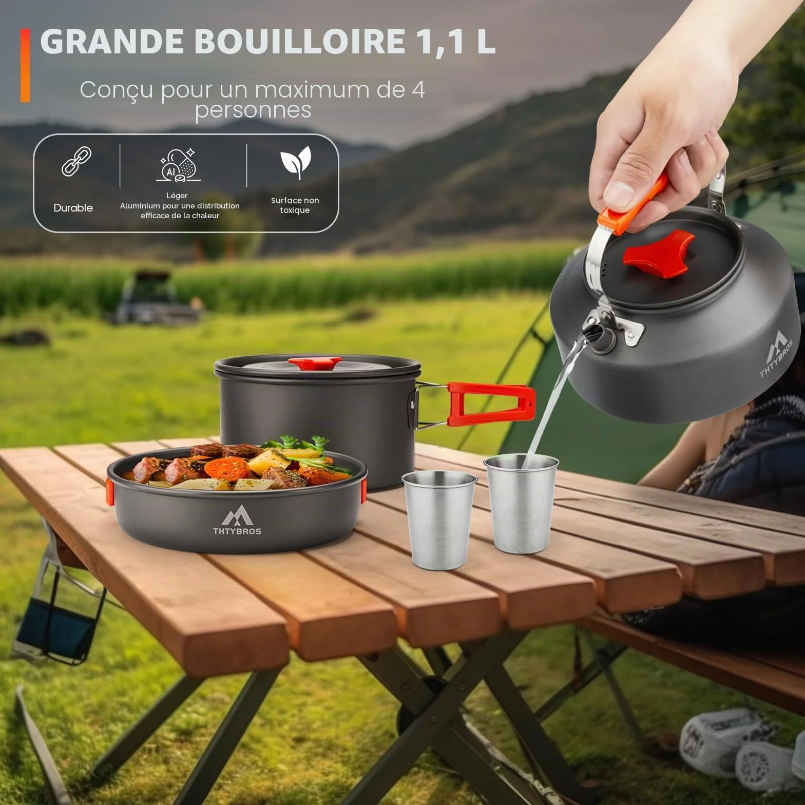 Ensemble de Batterie de Cuisine Camping 17 Pièces, Casserole et Bouilloire en Aluminium Anodisé Dur avec 2 Tasses, 2 Assiettes et Couverts en Acier Inoxydable pour Randonnée, Trek et Pique-nique