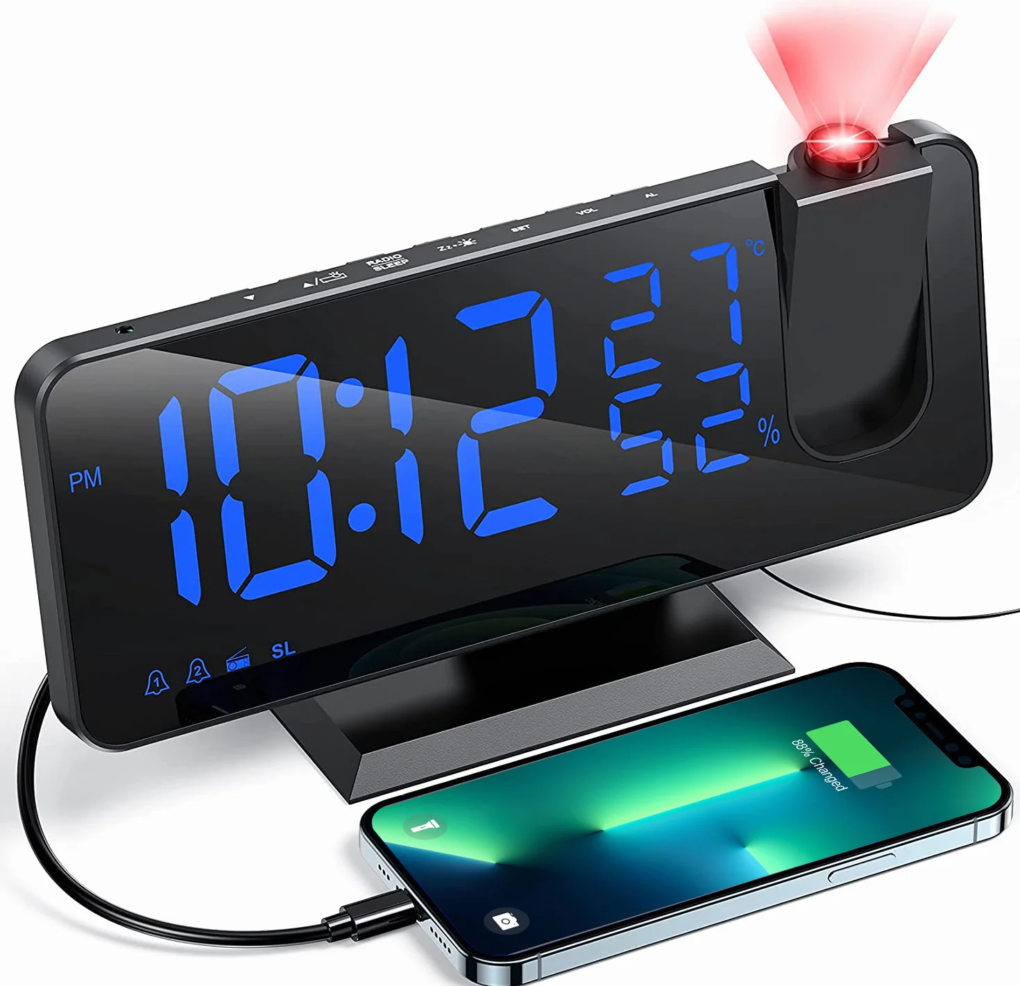 Reveil Projecteur Radio avec Horloge Numérique et Port USB, 3 Niveaux de Luminosité, 15 Volumes, 12/24h