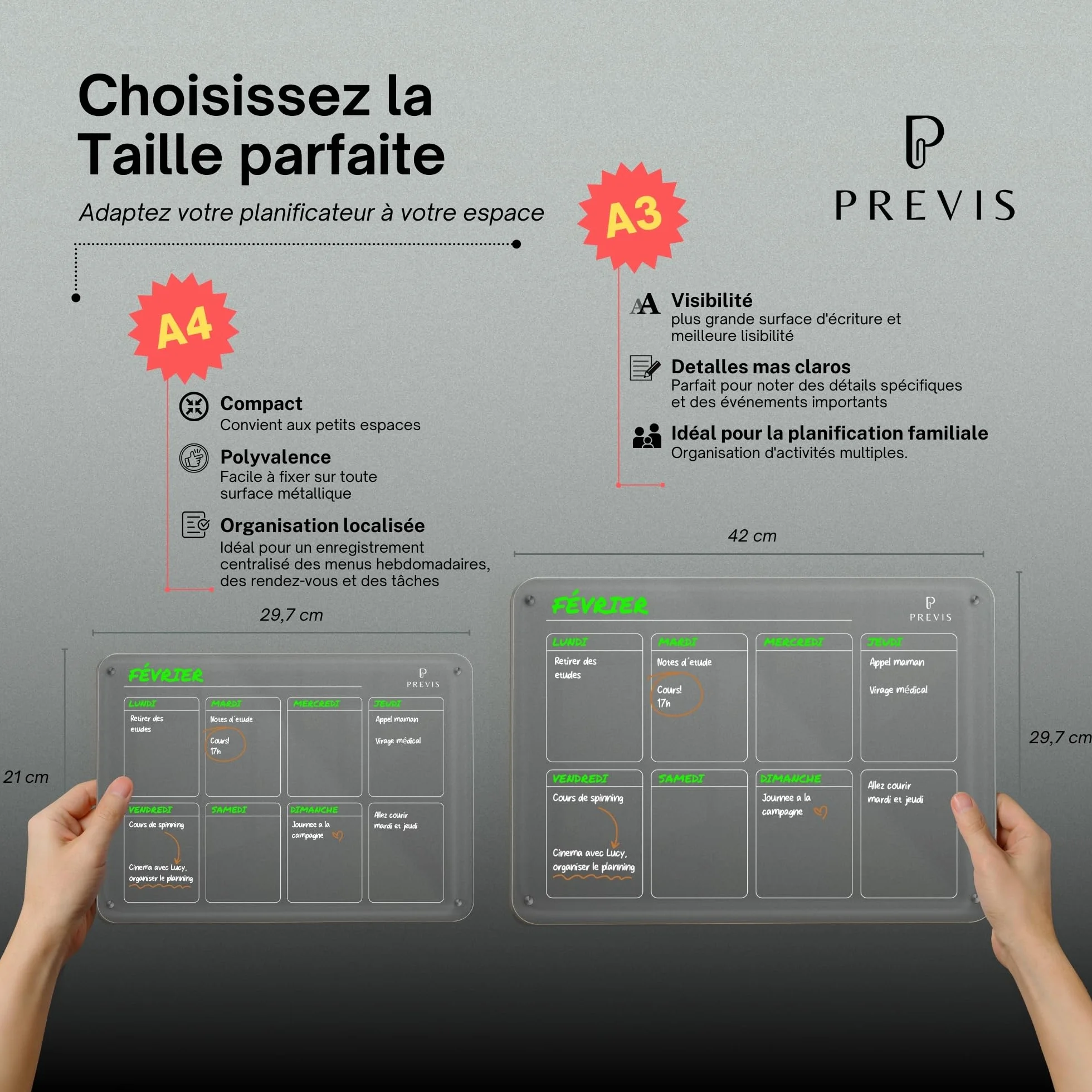 PREVIS BRAND Planning Frigo Magnetique Hebdomadaire Plexiglass Transparent A3 (30x40cm) avec 4 Marqueurs - Tableau Planner Frigo Acrylique