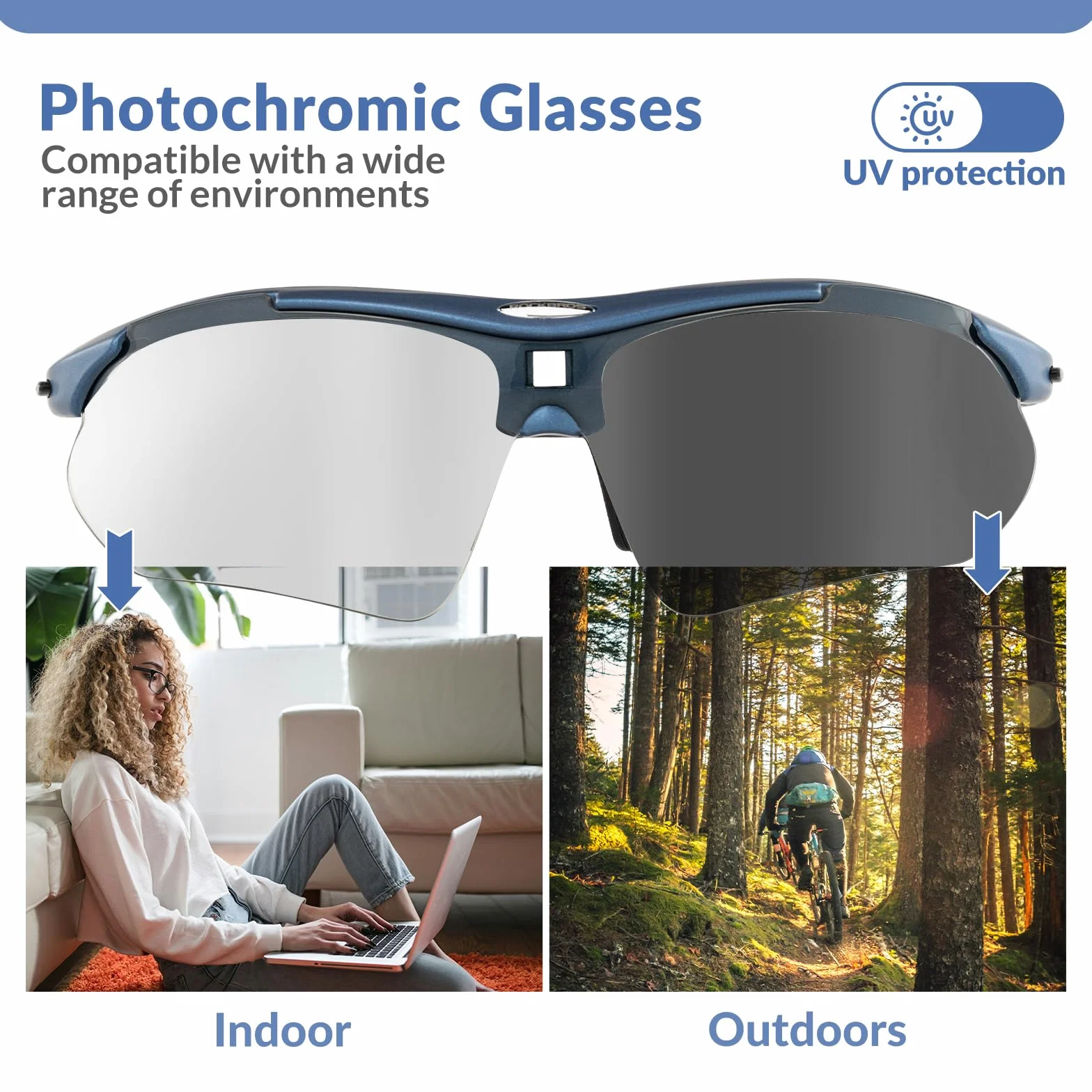 ROCKBROS Lunettes de Cyclisme Photochromiqeus pour Hommes Femmes, Lunettes VTT de Soleil UV400 Protection, Lunettes de Sports Ultra-légère pour Vélo Coure Pêche Conduite Escalade