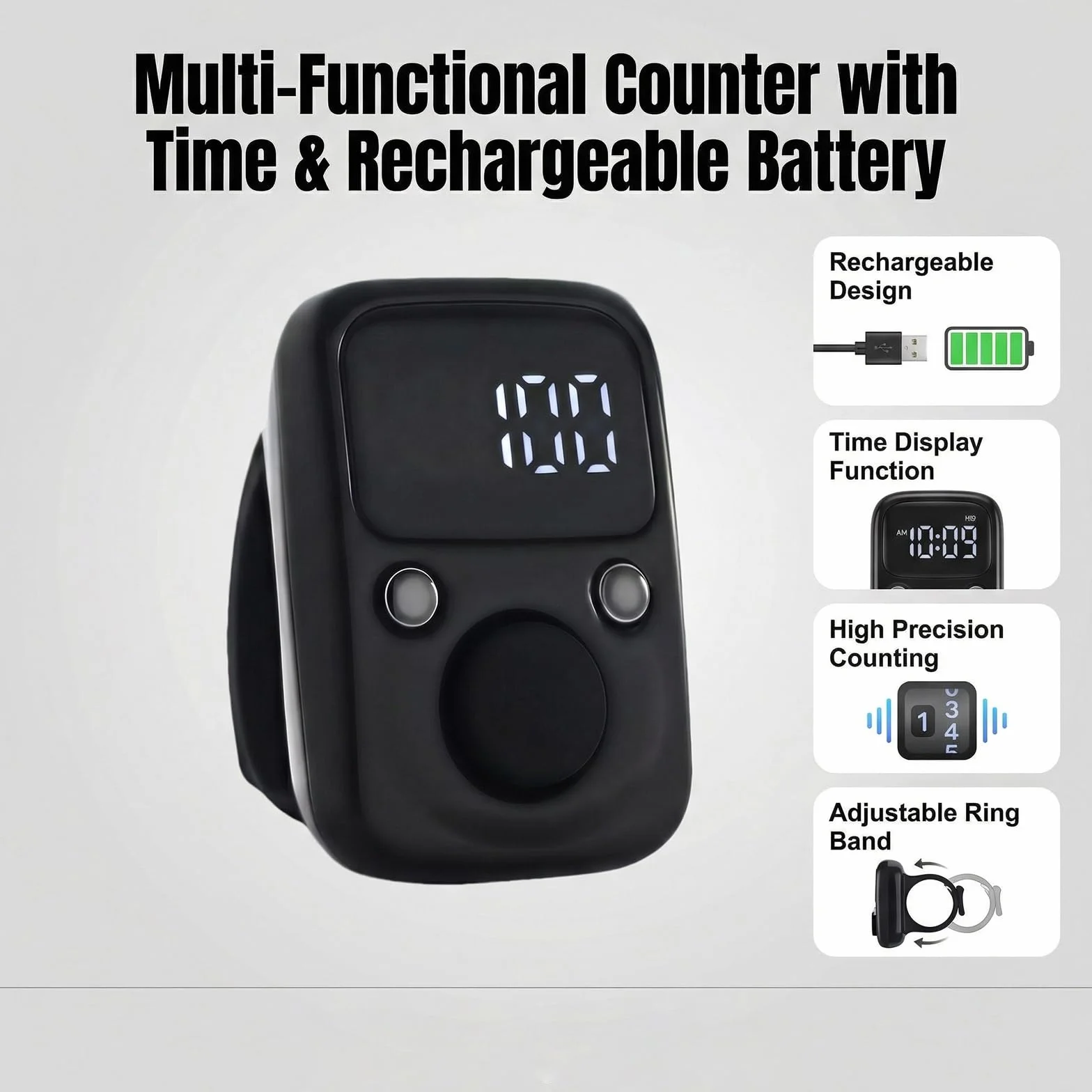 Lot de 2 Clicker Numéro Compteur Manuel Numérique avec Affichage de l'Heure et Réinitialisable, Compteur de Rangs Portable USB Charge Noir