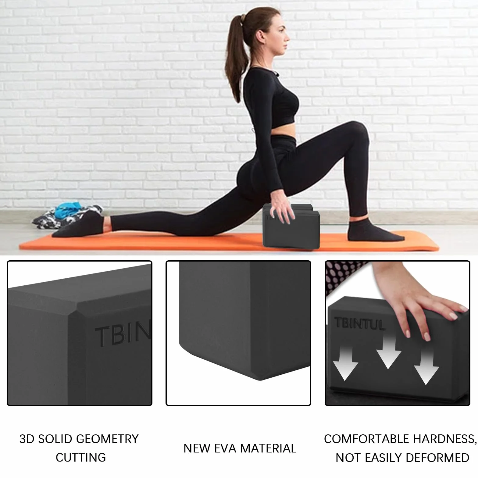 2 blocs de yoga, 23 x 15 x 7,5 cm, EVA pour femmes et hommes, noir