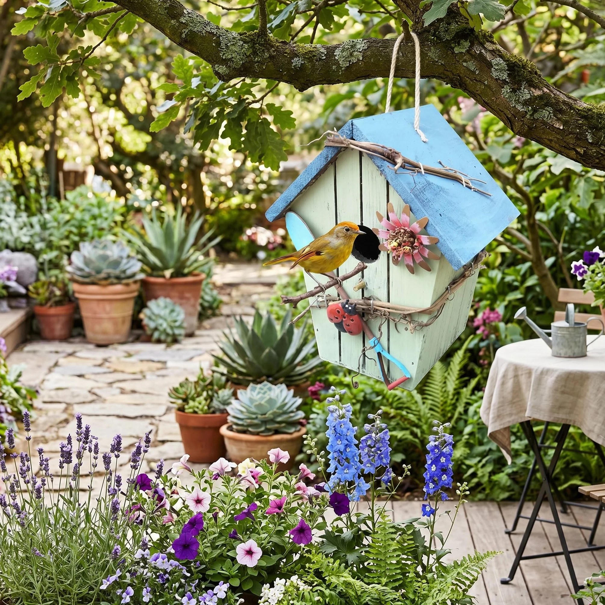 Nichoir à Oiseaux Peint à la Main, Décoration de Jardin Suspendue pour L'extérieur avec Toit et Corde en Métal (Blue)