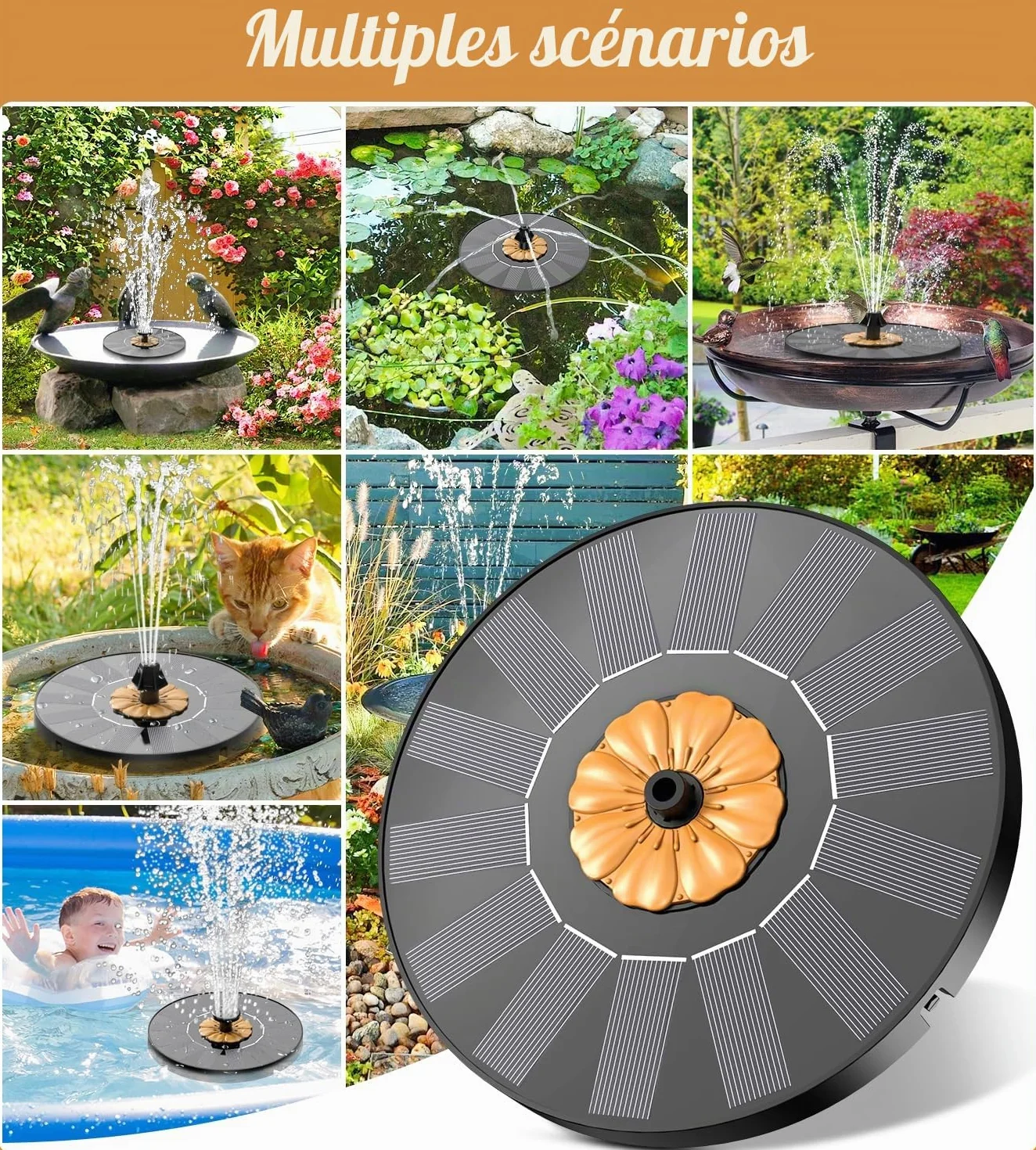 Fontaine Solaire Extérieur Flottante Pompe Bassin 8 Buses 4 Tiges Fixes Marron