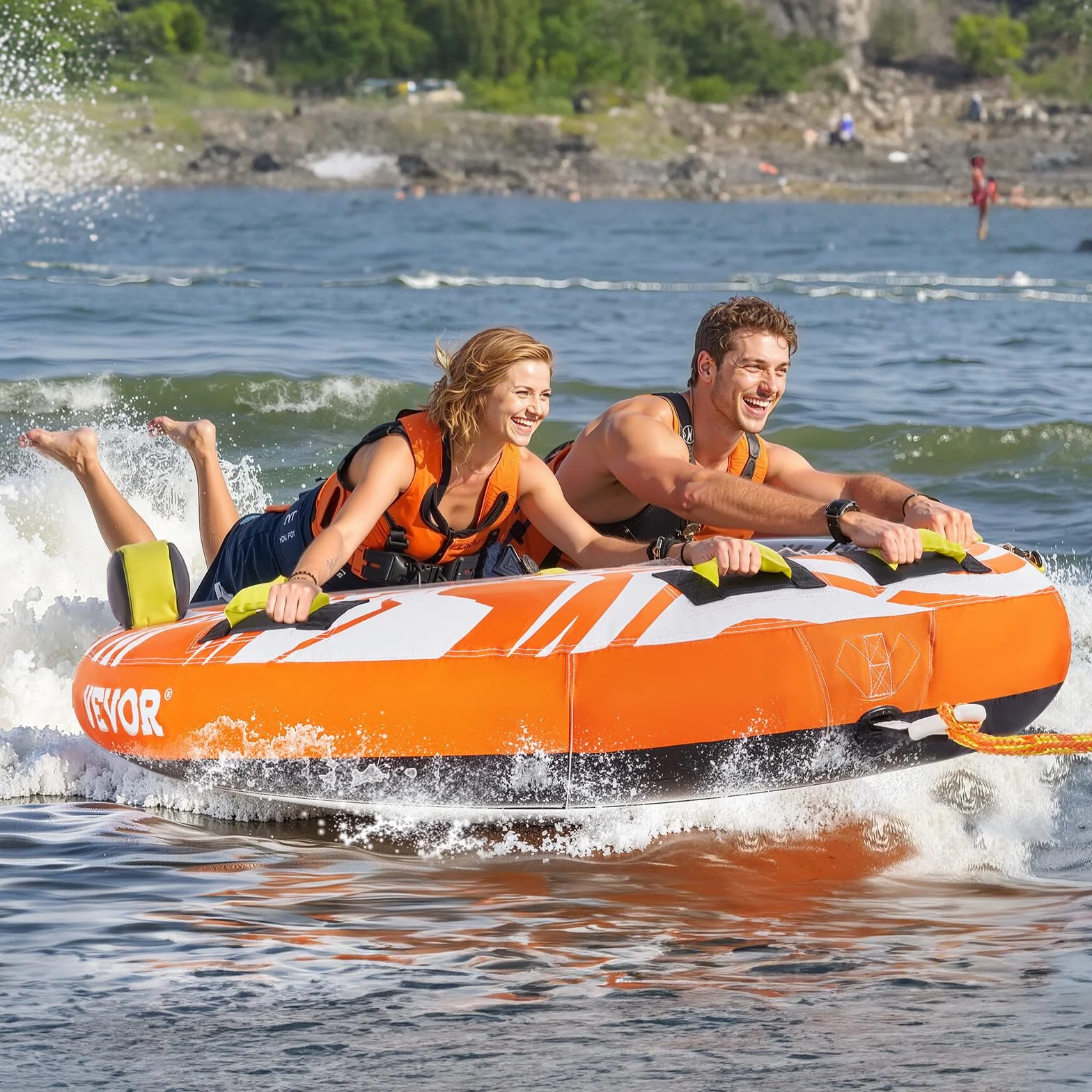 VEVOR Bouée Tractée Gonflable pour Tubing Bateaux, Bouée de Jeux Aquatiques pour 1-2 Passagers, Capacité de Charge de 154 kg, avec Ailerons, Housse en Nylon à Double Couture et Poignées Rembourrées