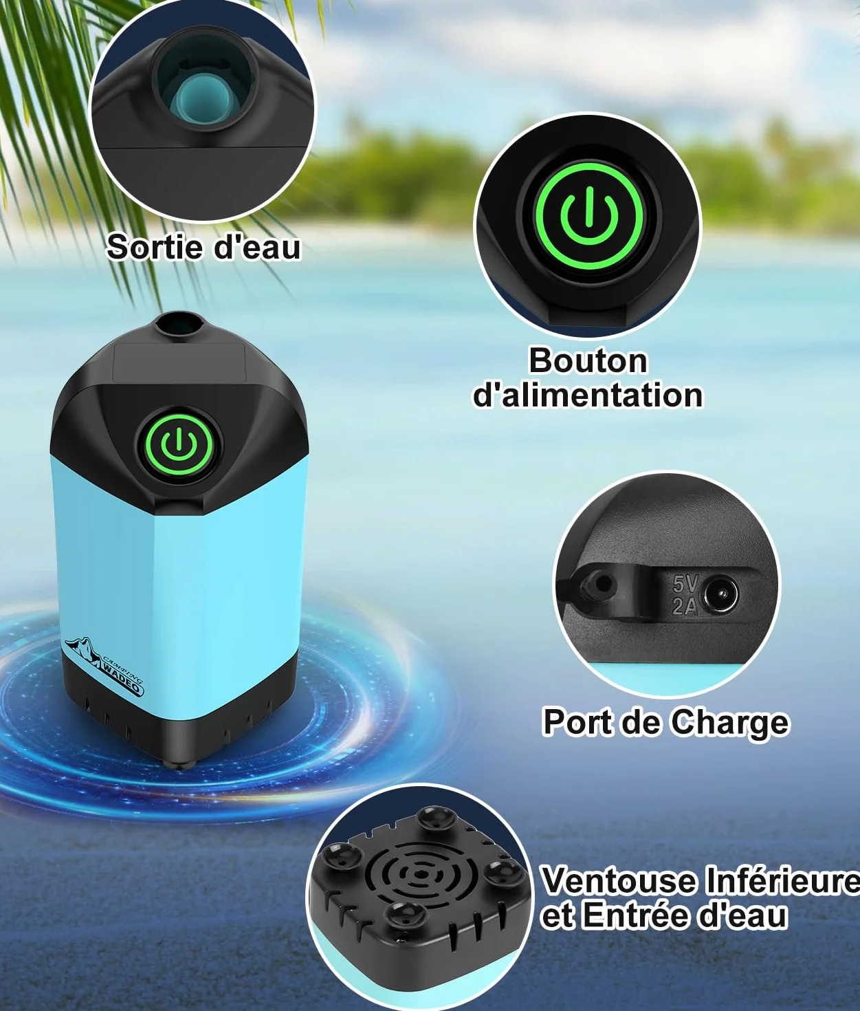 WADEO Douche Portable Camping, [Seau Pliable 20L] Douche Extérieure Électrique Rechargeable pour Camping, Vanlife, Randonnée, Voyage, Plage, Chien, Camping-Car