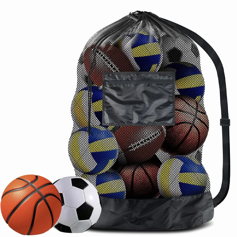 Sac de Ballon en Filet, Grand Capacité Sac de Ballon, Sacs de Rangement pour Football avec Cordon de Serrage Bandoulière pour Basket-Ball Football Volley-Ball, Tennis, 24 * 36in, Noir