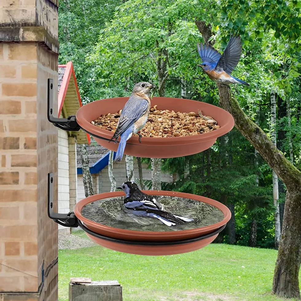 Abreuvoir Oiseaux Suspendre Mangeoire Exterieur Bain d'oiseaux Balcon Distributeur Nourriture Oiseaux Sauvages Baignoire (Brun)