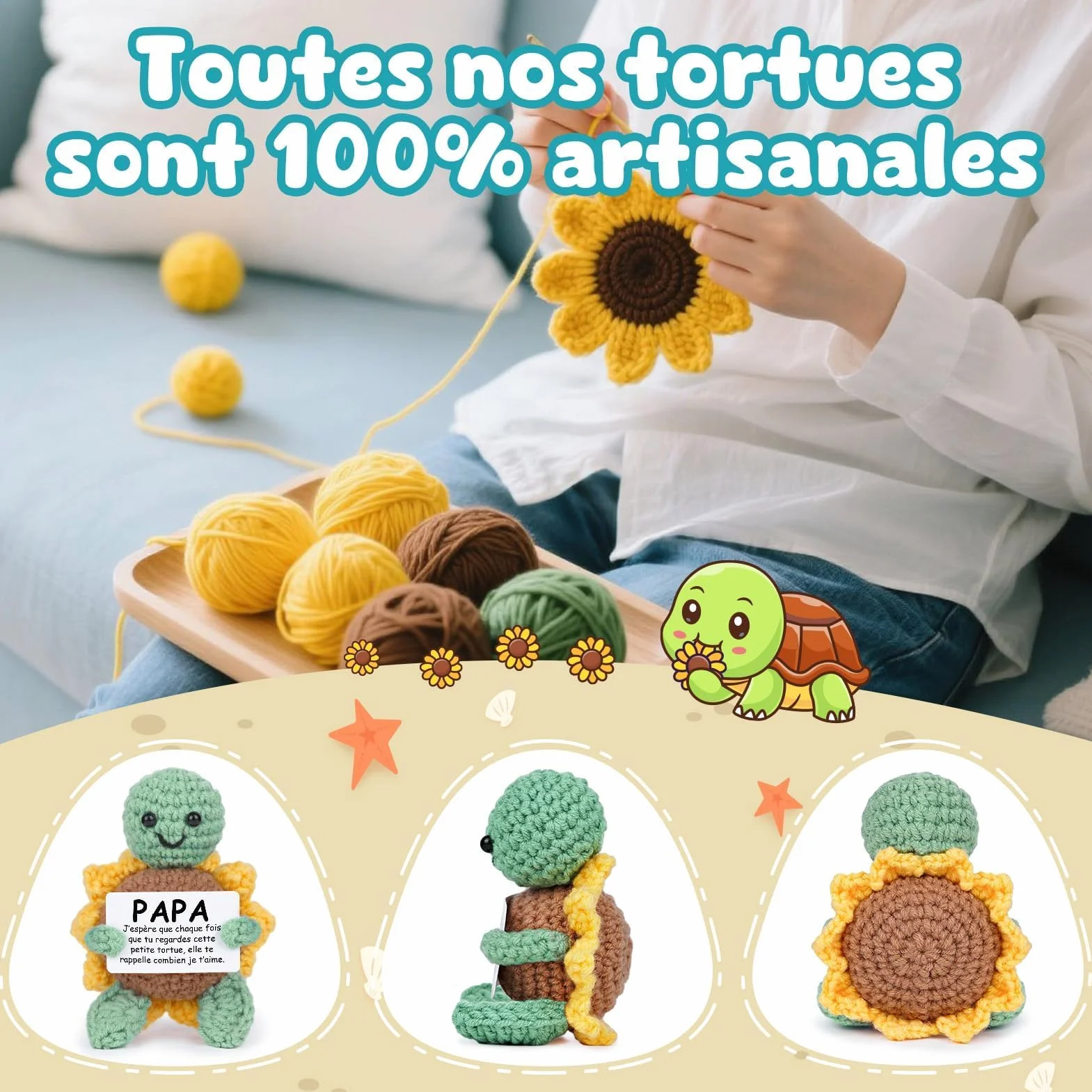 CheriGift Cadeau Fête des Pères Tortue en Crochet Main avec Carapace en Tournesol 10x7x5cm