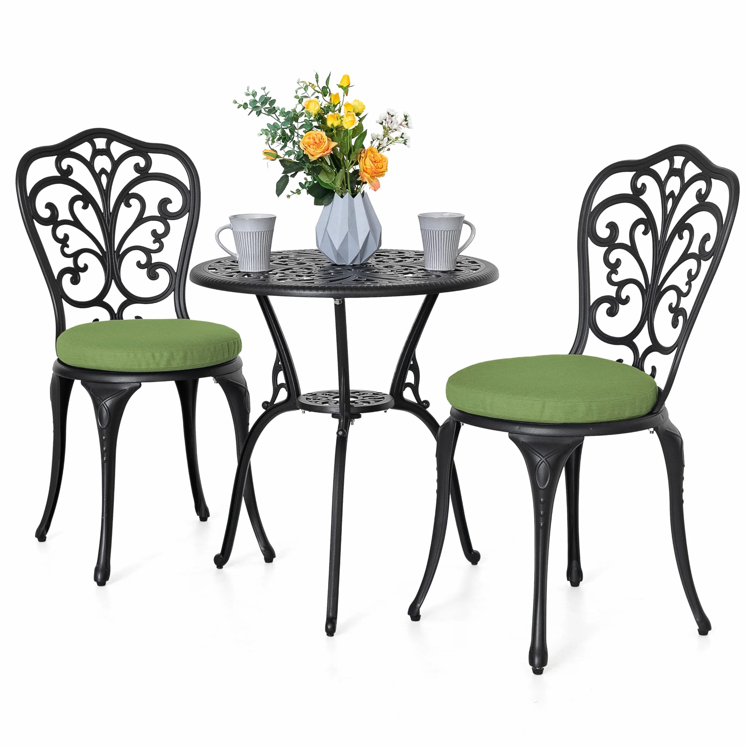 Avestar Ensemble de Jardin 3 Pièces avec Trou pour Parasol, Table et 2 Chaises Vert, Aluminium, Noir