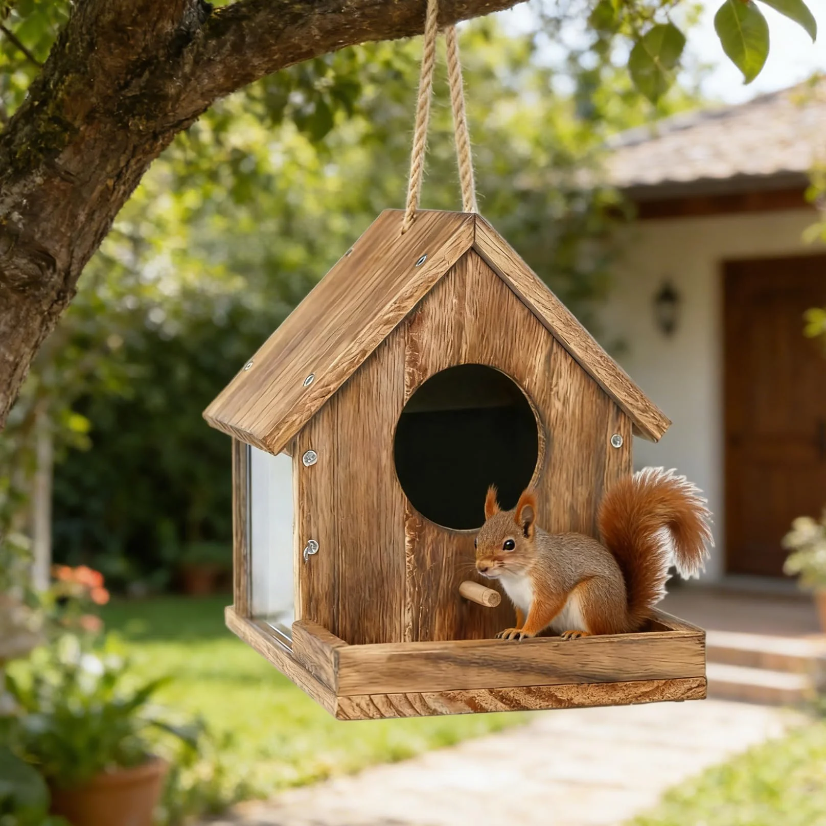 Mangeoire pour écureuils en bois avec fenêtre de visualisation