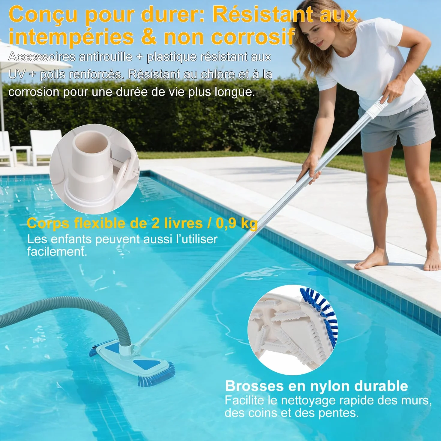 Brosse de Piscine avec Raccord d'Aspiration 35 cm, Tête d'Aspirateur de Fond, Raccord Rotatif 32-38 mm