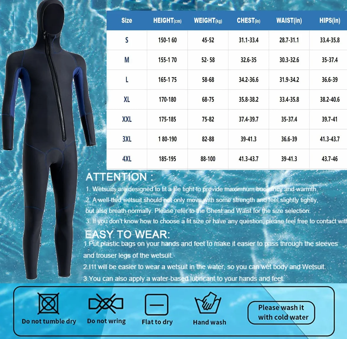 scosao 3mm Combinaison de Cagoule Néoprène Combinaisons de Plongée pour Hommes Peau de Plongée Une Pièce Manches Longues Fermeture Éclair Avant Thermique Maillots de Bain pour Plongée Natation Surf