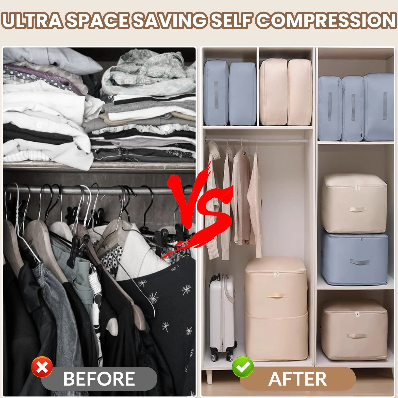 Lot de 2 Organisateur Auto-compression Ultra Peu Encombrants, Sacs de Rangement pour Couettes, Sac de Compression Voyage Empilable, Grand Sac de Rangement Mobiles pour Couvertures(Beige,52x42x60CM)