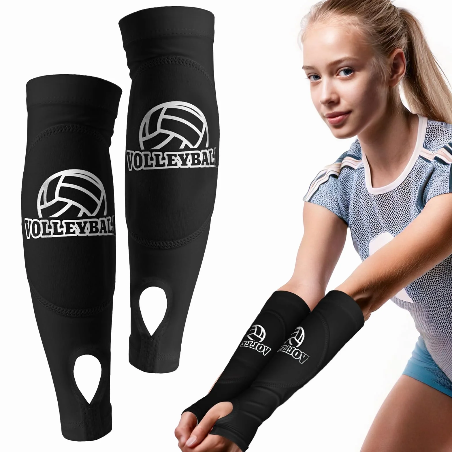 CIATBYYJ Manchons de bras de volley-ball avec coussinets de protection en mousse et trou pour le pouce - Manchon rembourré pour avant-bras - Pour enfants et jeunes - 1 paire