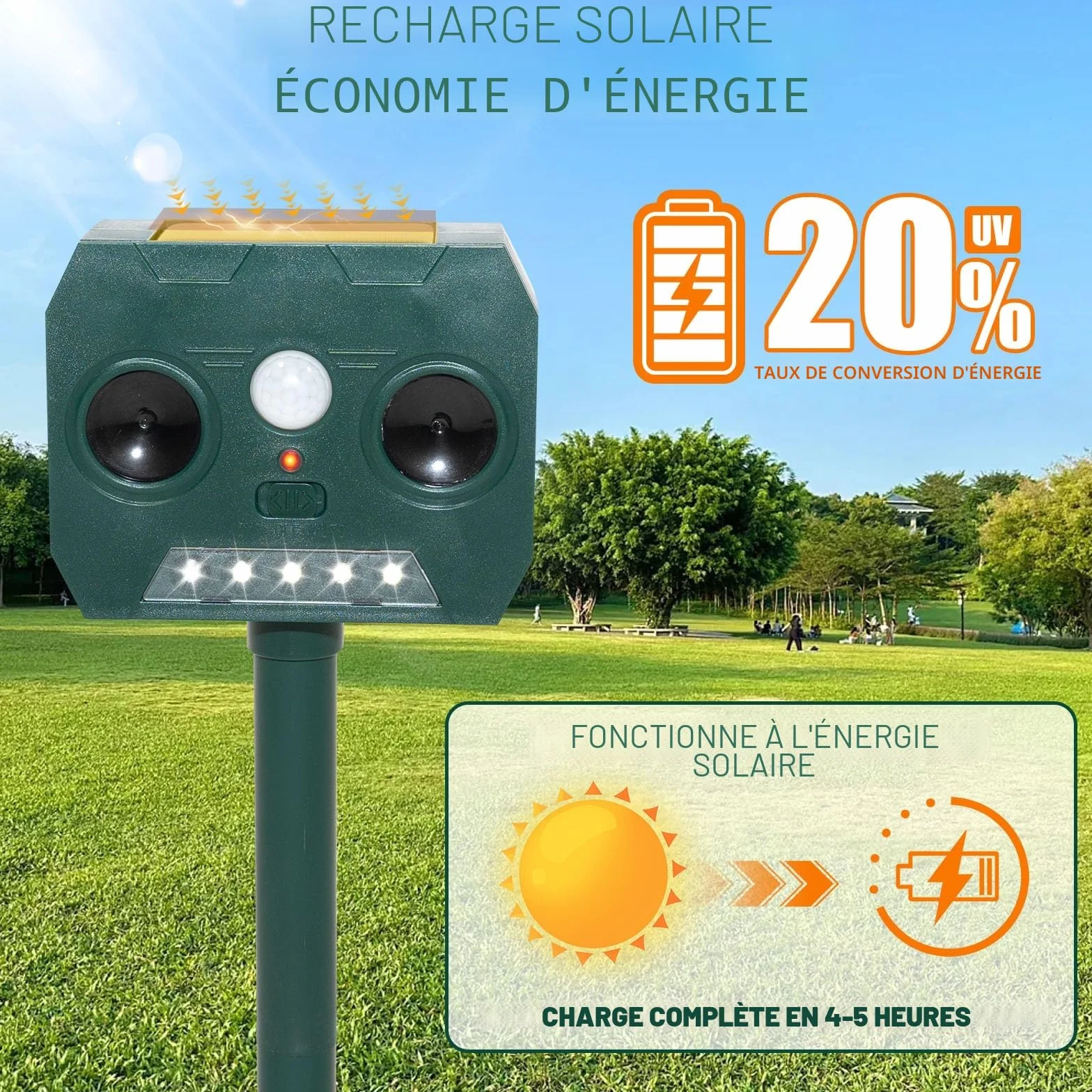 Repulsif Chat Exterieur Ultrason Solaire Impermeable IP45 12m 120° Effaroucheur Animaux Jardin LED
