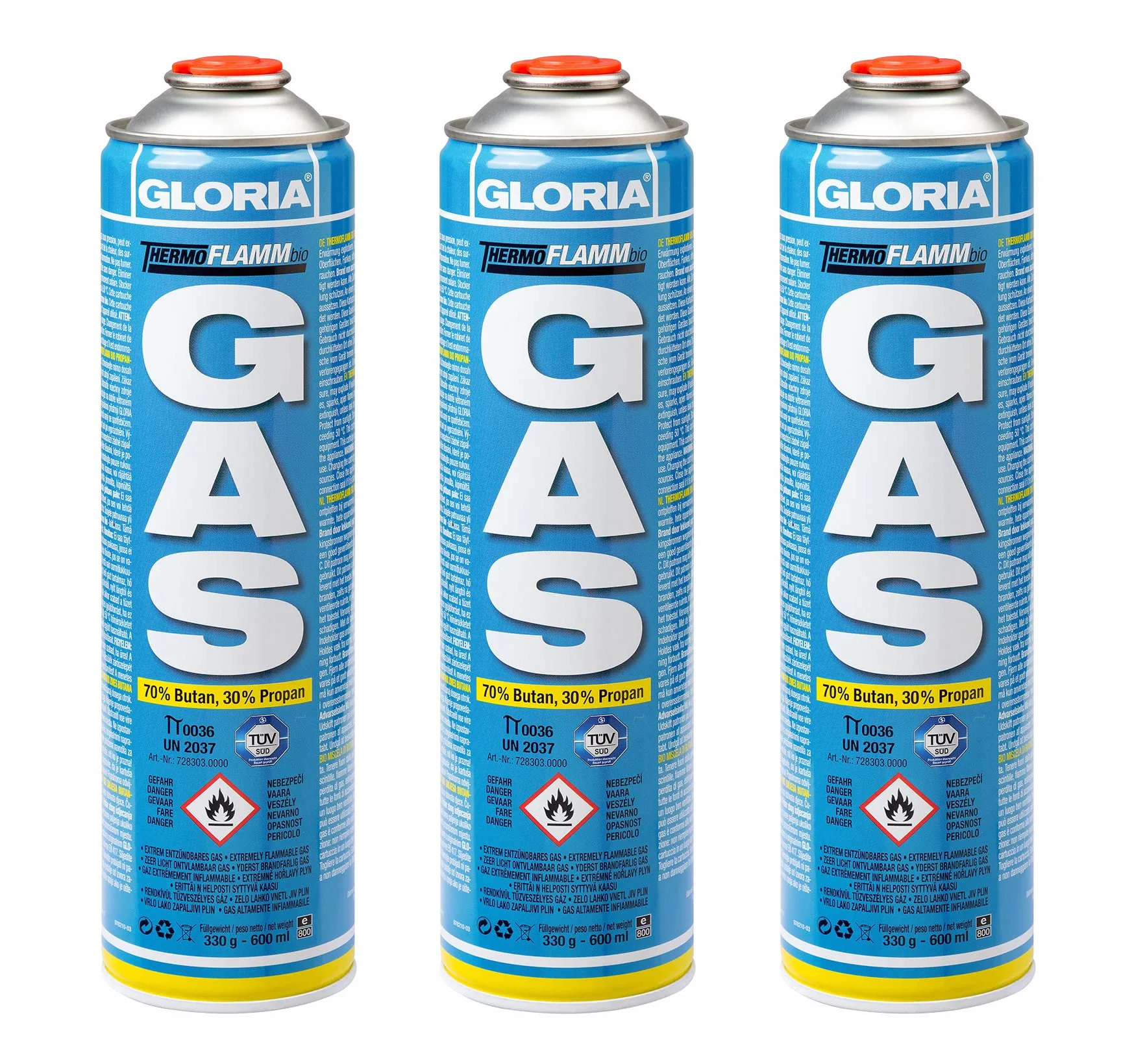 GLORIA Lot de 3 Cartouches de Gaz 600ml | Idéal pour Désherbeur Thermique GLORIA Thermoflamm | Valve à Vis | Mélange Butane/Propane Haute Pureté | Combustion +30% | Recharge Gaz Chalumeau & Camping