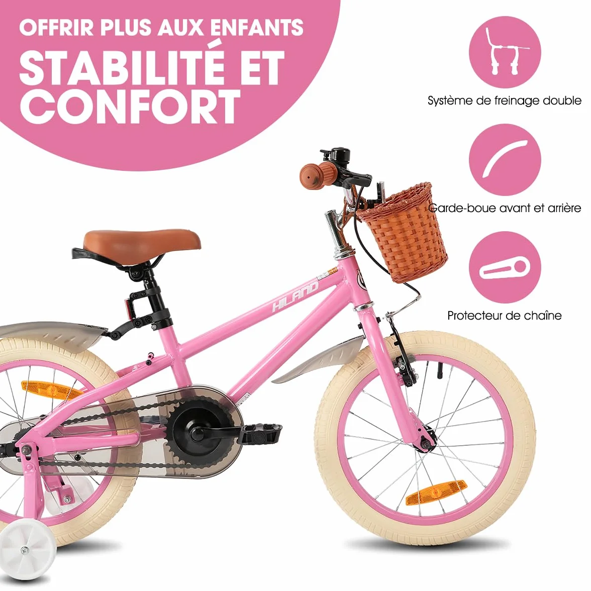 HILAND Vélo Enfant 14/16/18 Pouces pour Fille garçon 3 4 5 6 7 8 9 10 Ans avec Roues stabilisatrices, Frein à Main et Frein à rétropédalage Panier Vert/Rose