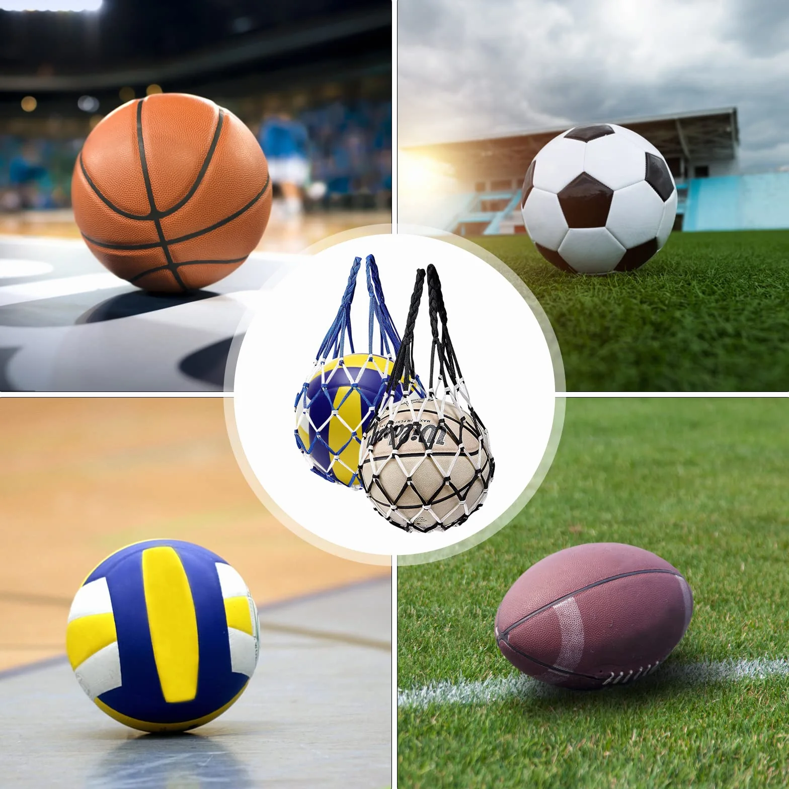 HENGBIRD Lot de 2 Filets de Balle Portables, Sac Filet de Ballon, Filet à Balles, Sac en Filet de Nylon, Filets de Balle pour Le Football Basketball Rugby Réutilisable