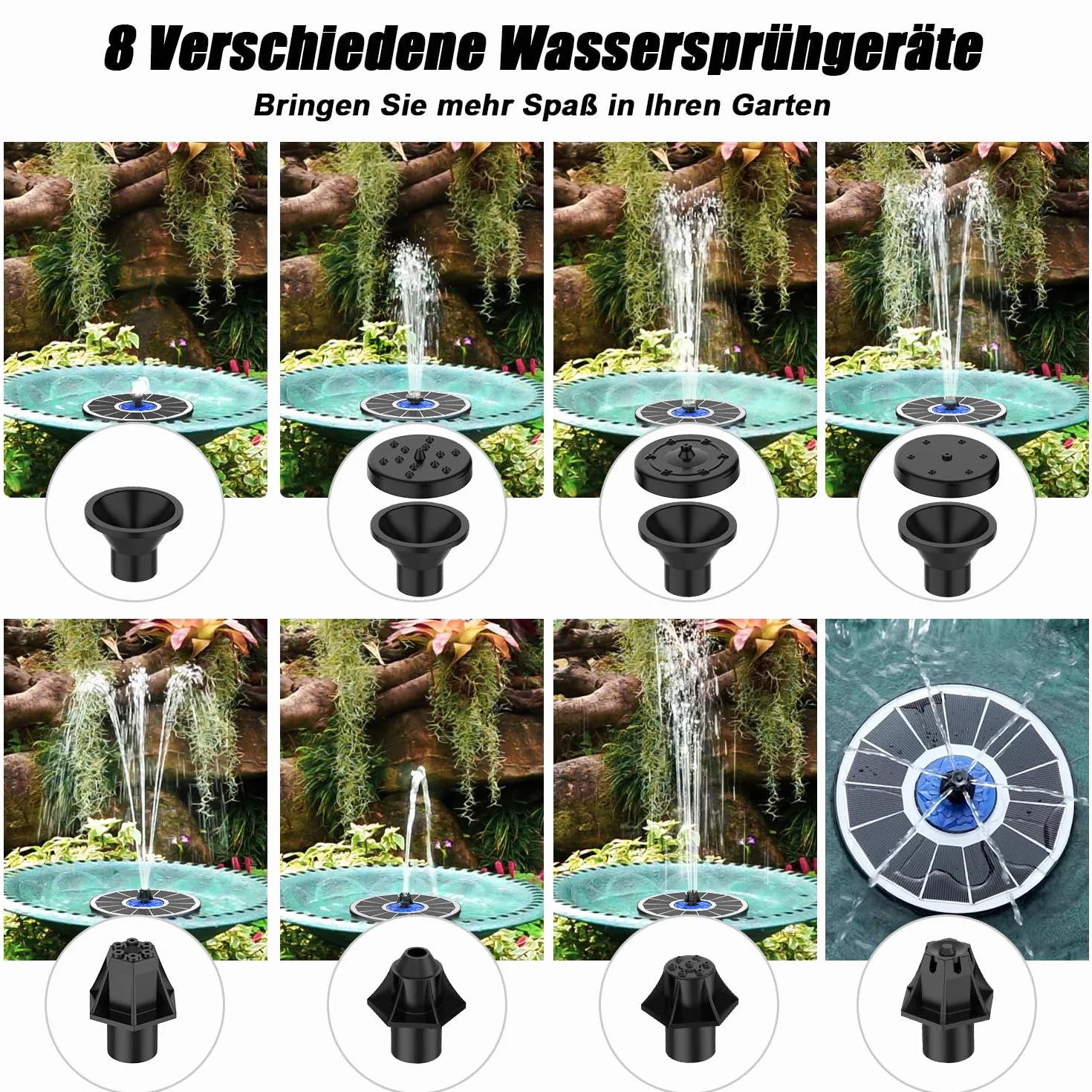 Kit d'accessoires pour fontaine solaire, 8 buses à effets DIY, 4 fixateurs, 3 éponges filtrantes