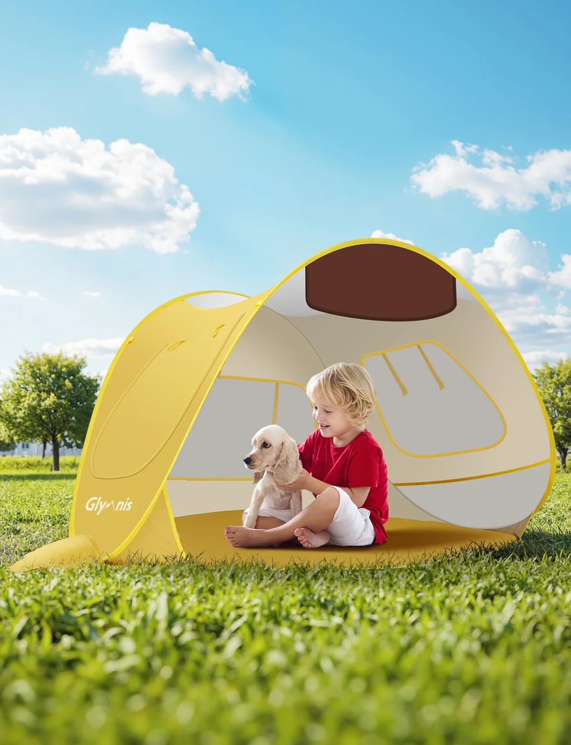 Glymnis Tente Anti UV Bébé, Tente de Plage Pop Up - Anti-UV, Haute Protection Solaire UV 50+, Ventilation - Jaune