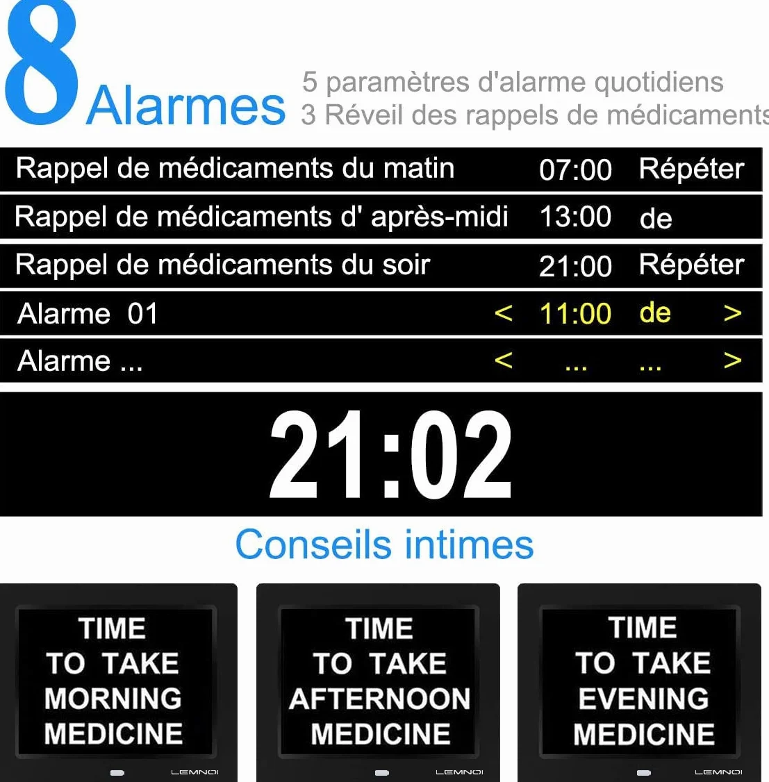 LEMNOI 8" Horloge Numérique LCD Calendrier N10 Auto Dimming HD Display 8 Langues