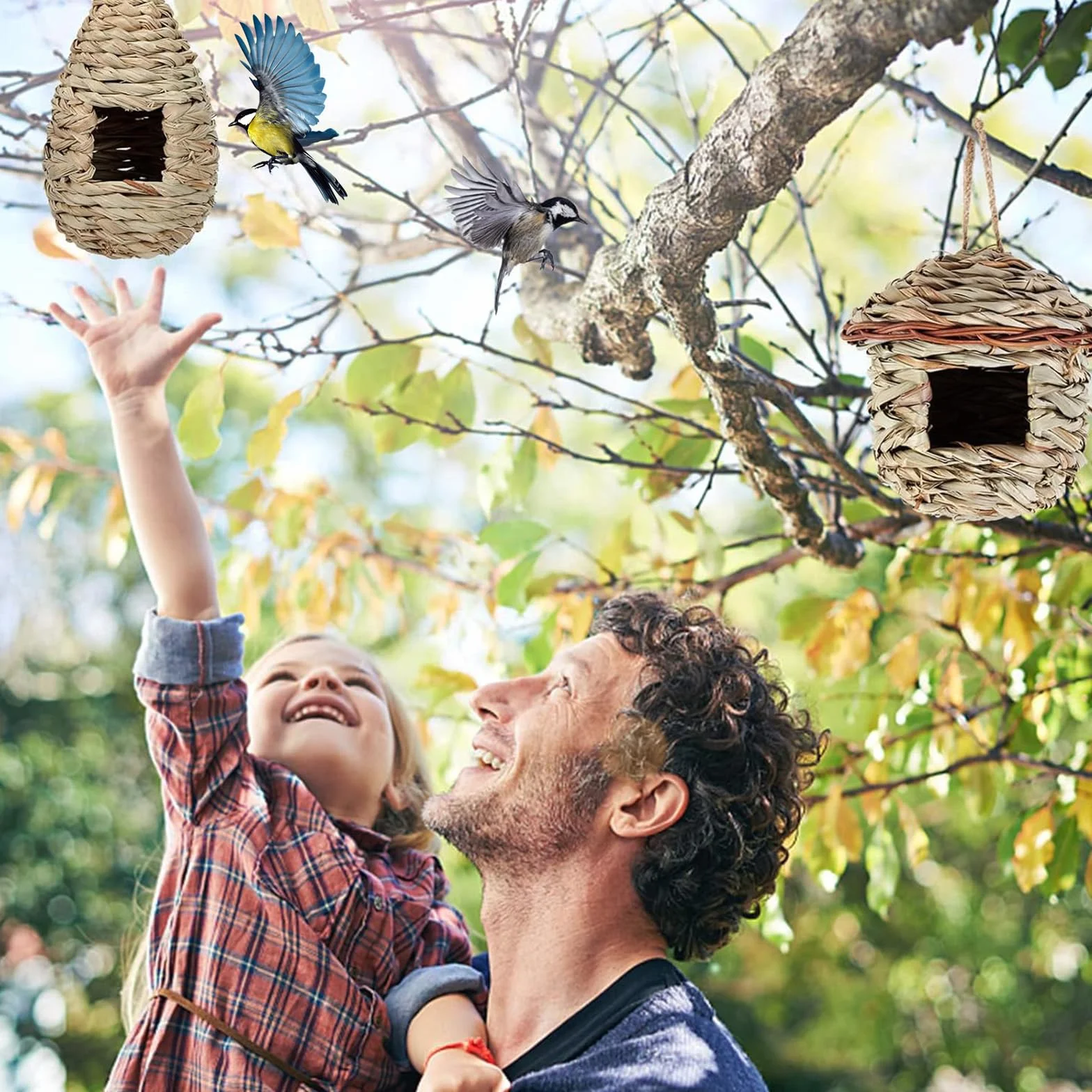 Nichoir Oiseaux Tissé à la Main 2 Pièces Suspendu pour Jardin Colibris Perruche