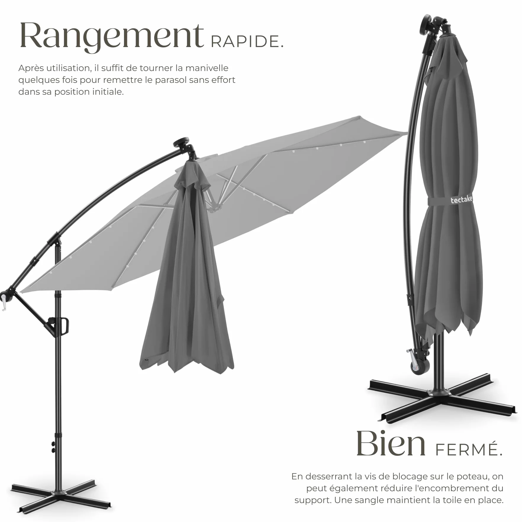 Tectake Parasol déporté 3,5 x 3,5 m avec Éclairage LED Pivotant 360° Inclinable UV 50+ Panneau solaire Jardin Terrasse