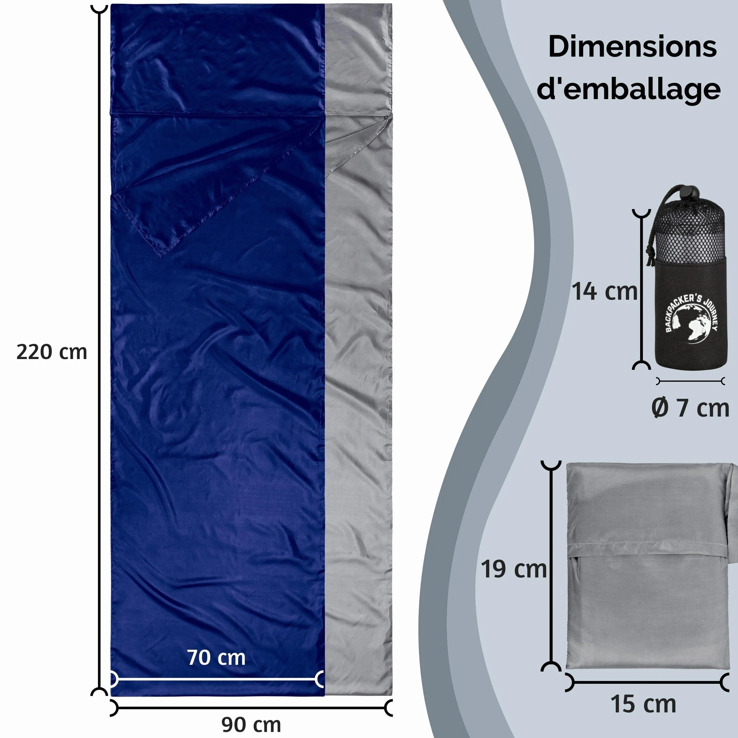Backpacker’s Journey Sac de couchage ultrafin et léger (155 g) Revêtement en microfibre Idéal pour voyager avec un sac à dos, les auberges de jeunesse, les chalets