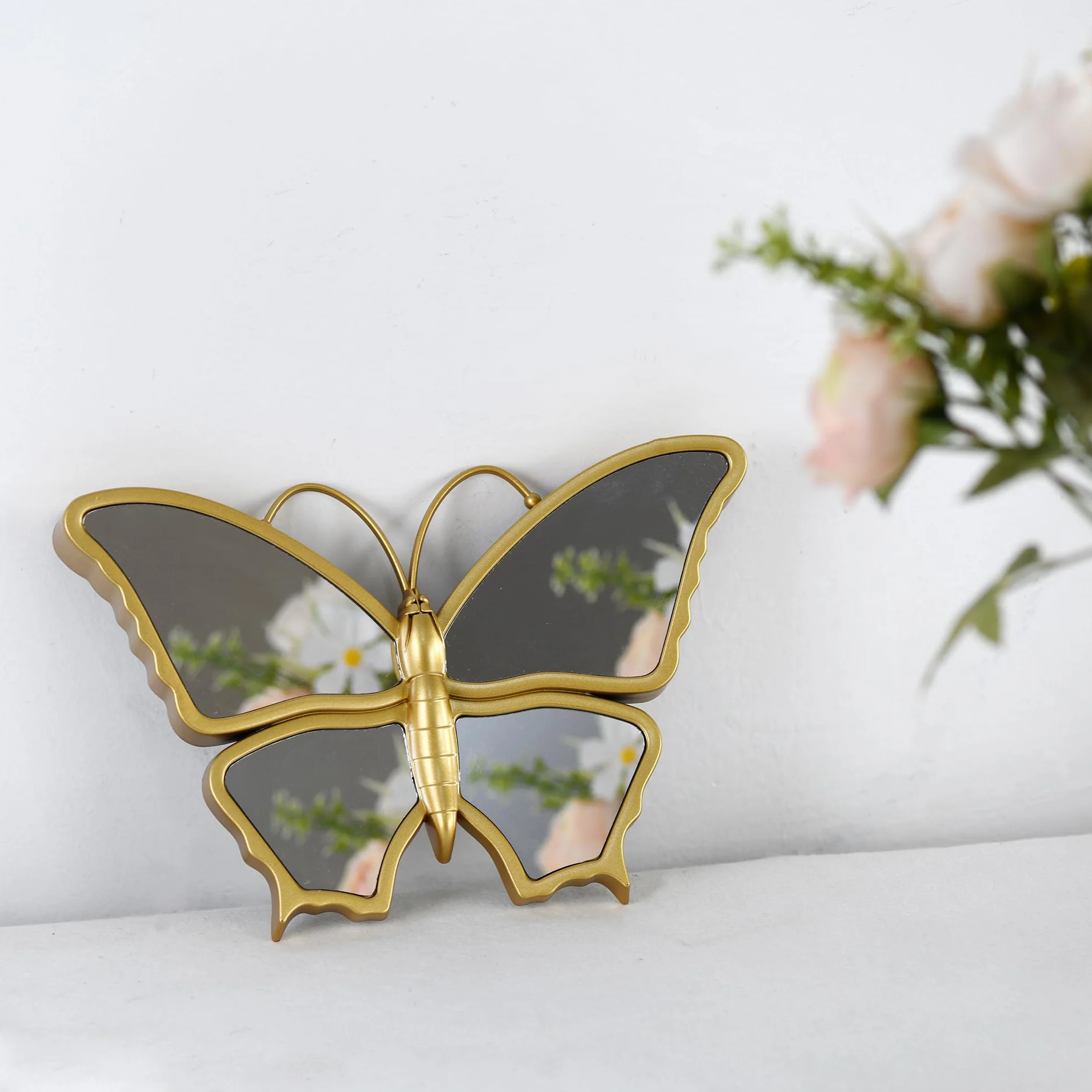 Miroir Mural Papillon Décoratif Cadre Plastique Doré 25 x 16 cm