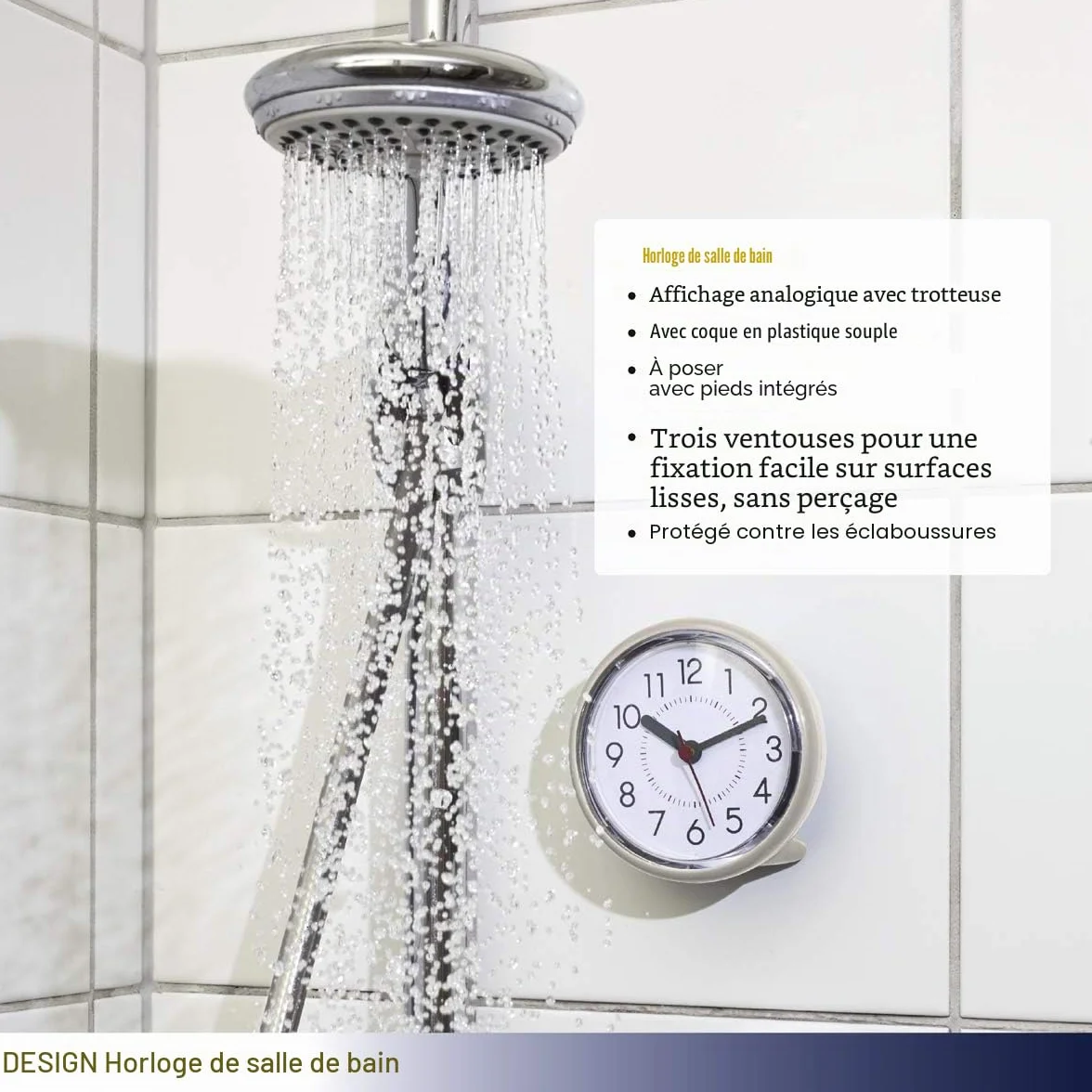 TFA Dostmann Horloge salle de bain étanche 60.3055.02 sans perçage ventouse Blanc-crème
