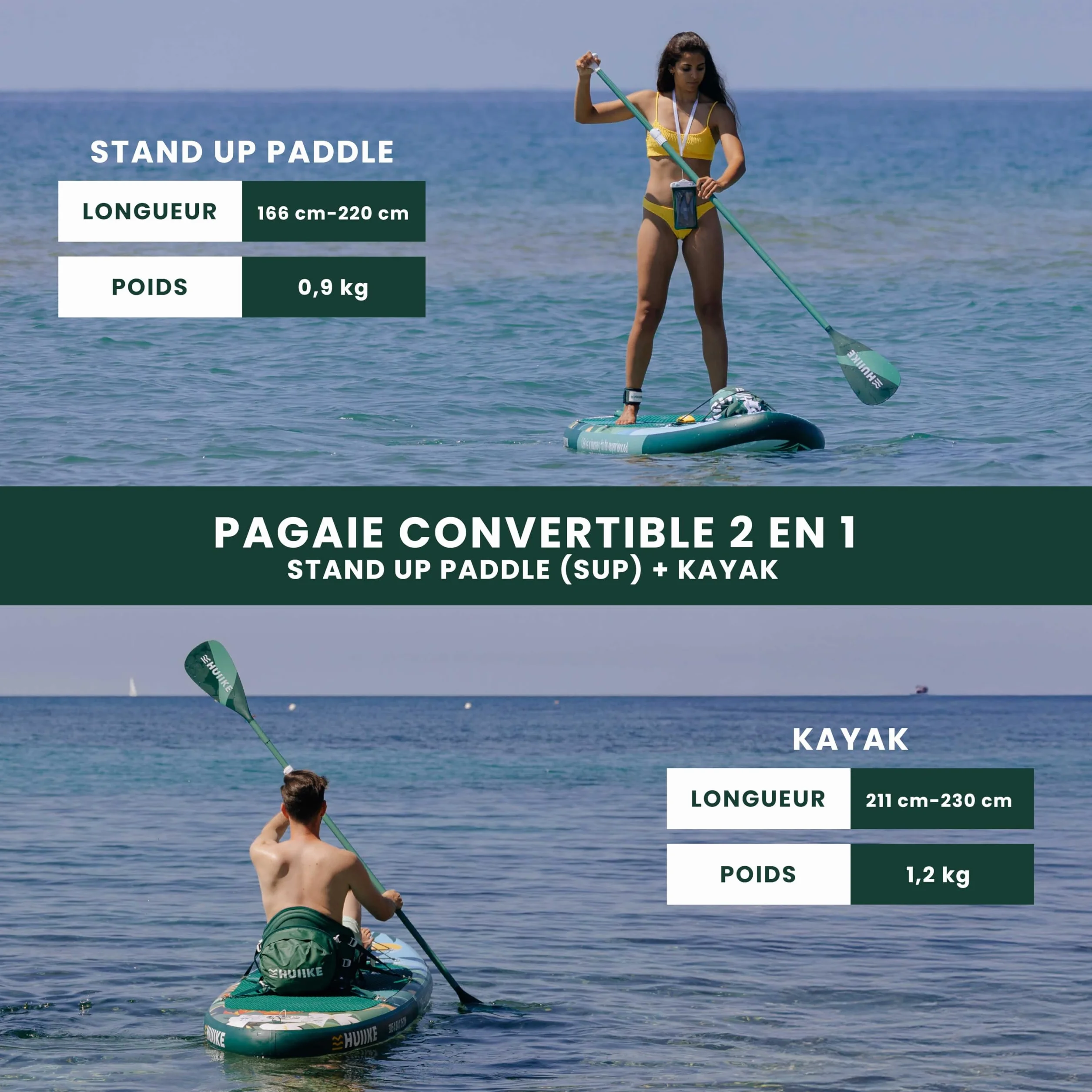 HUIIKE Pagaie Paddle 2 en 1 en Aluminium Pagaies de Stand Up Paddle Détachable 4-Pièces, Sup Accessoire Rame Réglable | Double Rame pour Planche Gonflable Facile à Transporter, Accessoires Planche