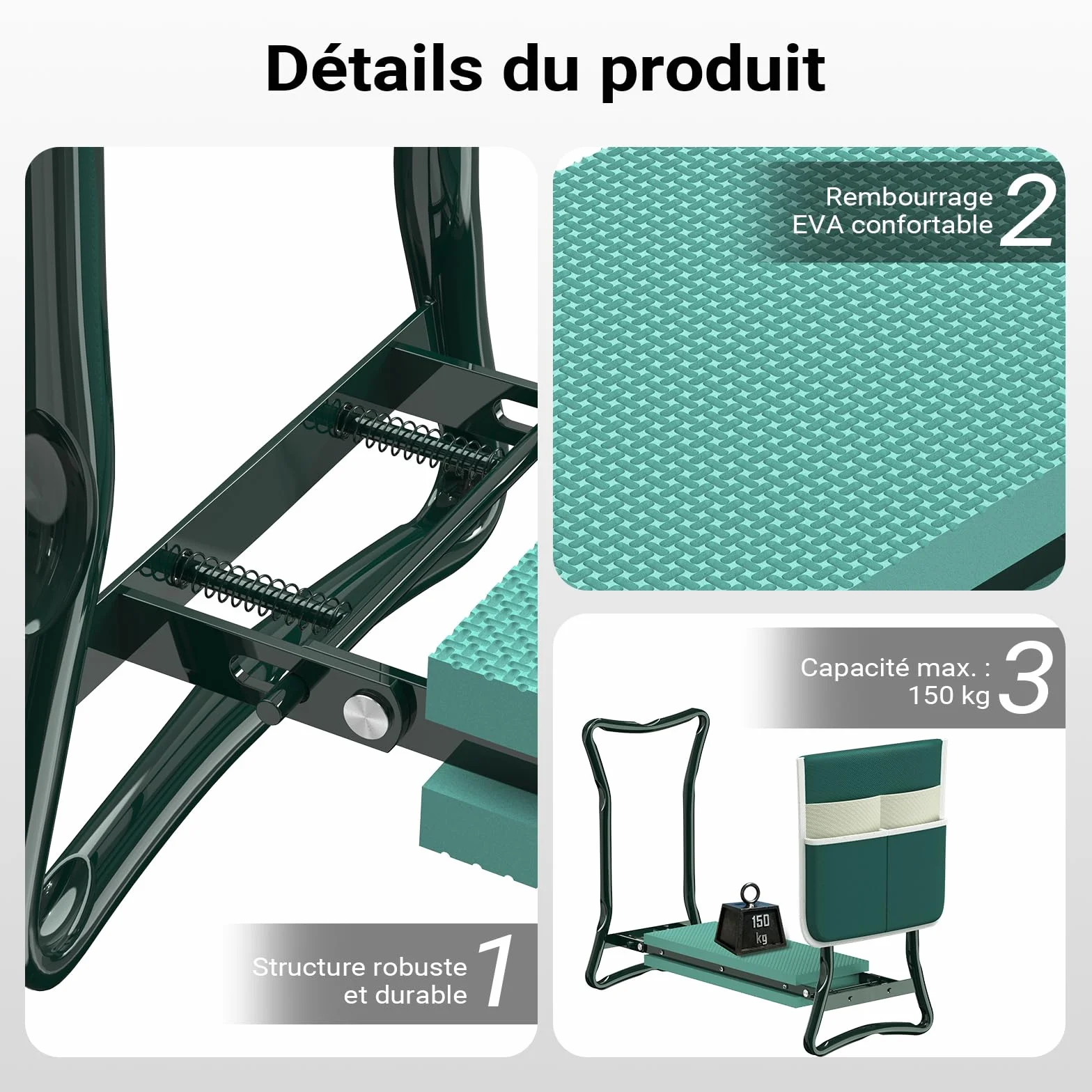 WilTec Tabouret de Jardinier 2 en 1 Pliable 600x280x490 mm 150 kg Fer EVA Agenouilloir Jardinage avec Poche