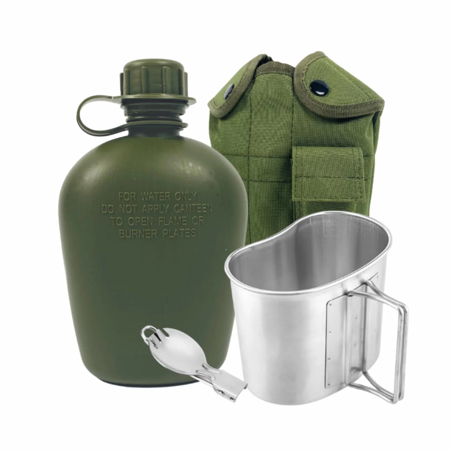 BeGrit Bouteille d'eau militaire avec bouteille d'eau de 1 L pliable en aluminium avec poignée et sac de rangement pour la survie en plein air, la randonnée, la randonnée (vert)