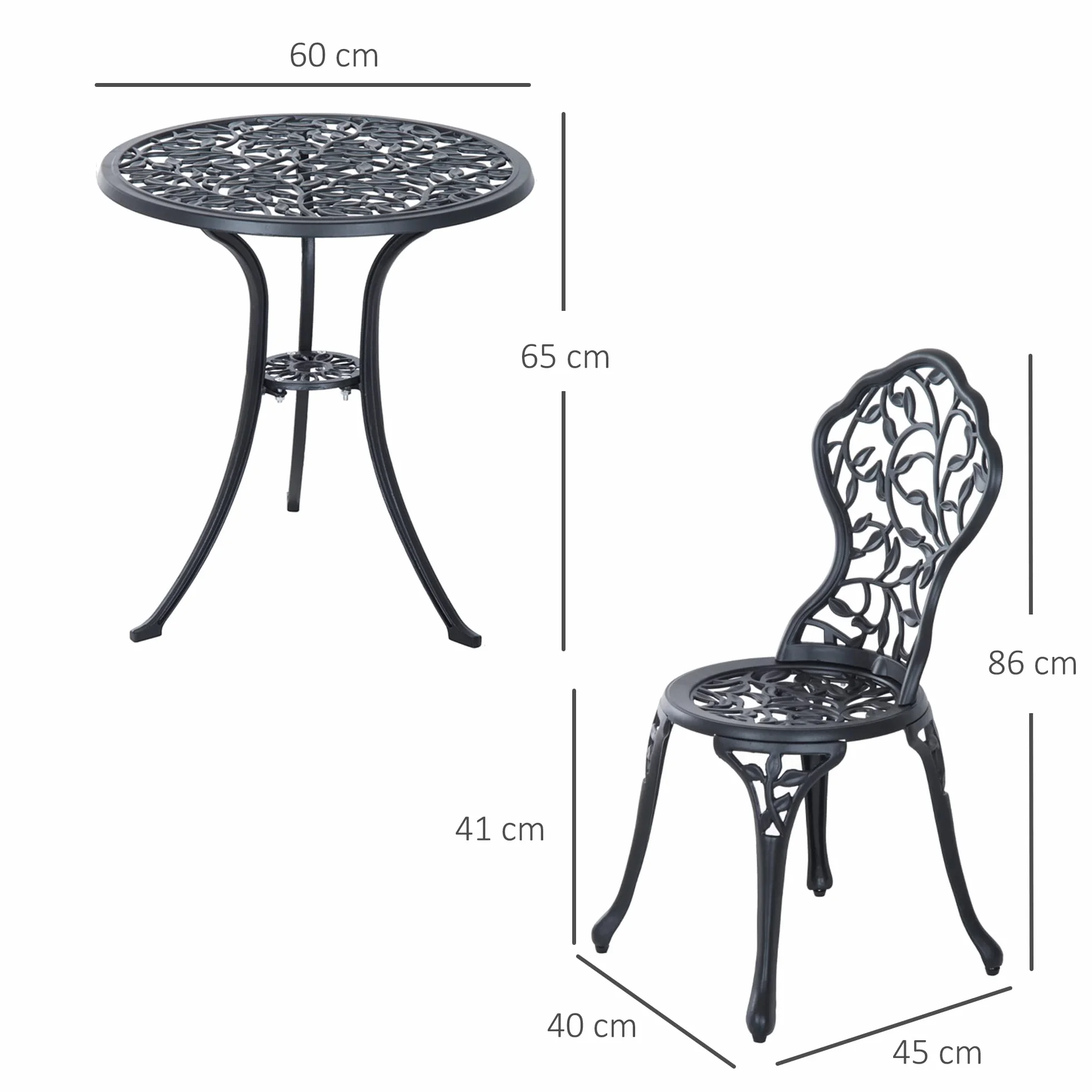 Outsunny Ensemble de bistrot 3 pièces Fonte Aluminium Table Ronde Noir Jardin extérieur