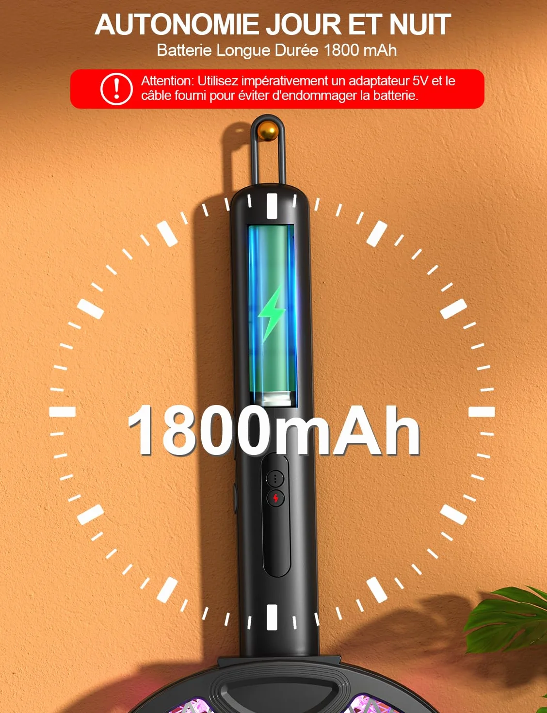 Raquette-Moustique Electrique Pliable 4000V 1800mAh 3 en 1 Rechargeable USB-C Noir
