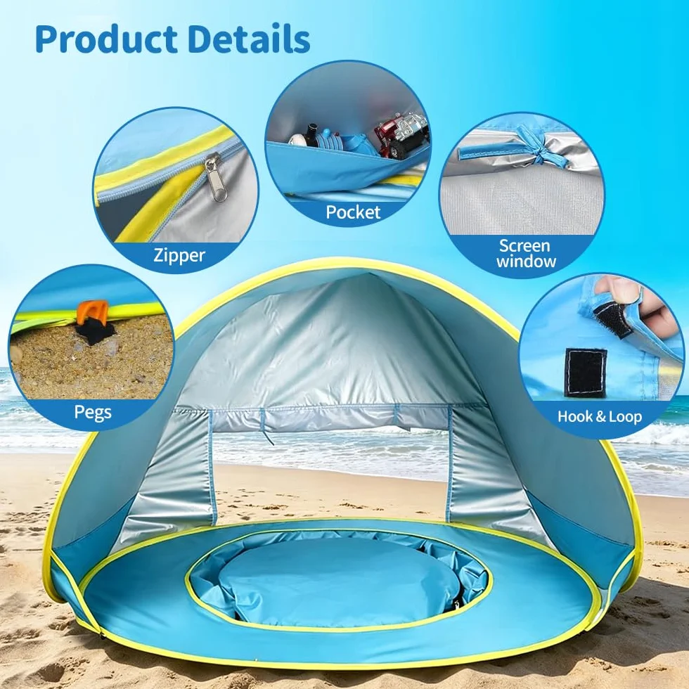 Tente de Plage, Tente Anti UV Bébé avec Protection UV 50, Tente pour Tout-Petits avec Sac de Transport Et Piquets, Fenêtre Zippée – Idéal pour Les Jeunes Enfants, Les Pique-Niques et Le Jardin