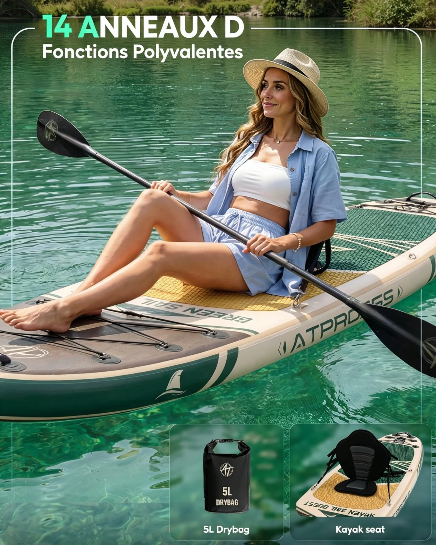 Stand Up Paddle Gonflable Adulte avec Siège Kayak & Accessoires, 320x84cm Planche de Sup Extra Large pour 2 Personnes, Charge 200kg, Kayak Gonflable 2 Places Stable et Antidérapant pour Surf