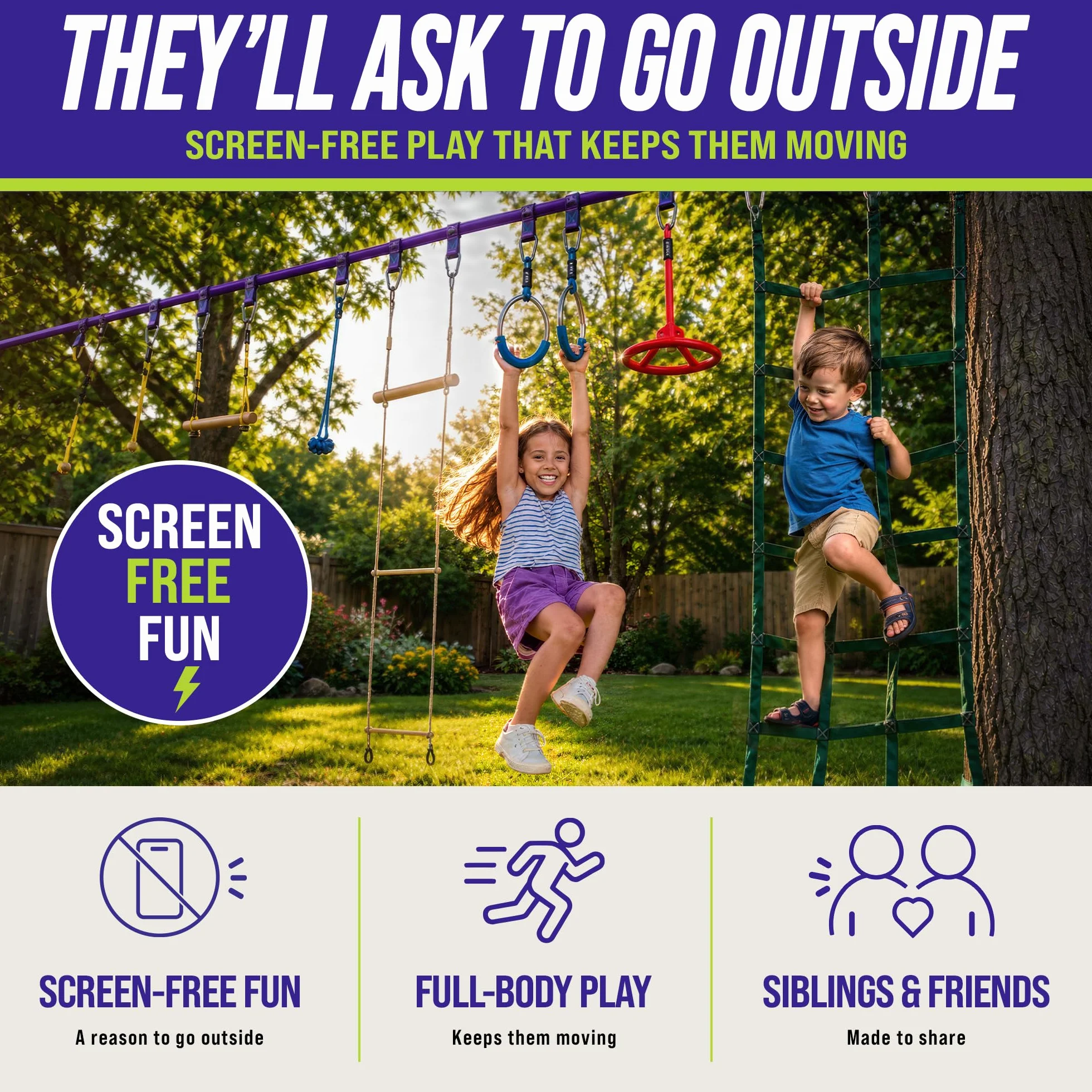 Trailblaze Ninja Warrior Slackline Kit Parcours d'obstacles pour Enfants | Slacklines avec Cliquet,balangoire, Anneaux, Échelle De Corde | Équipement De Jeu Extérieur pour Filles Et Garçons