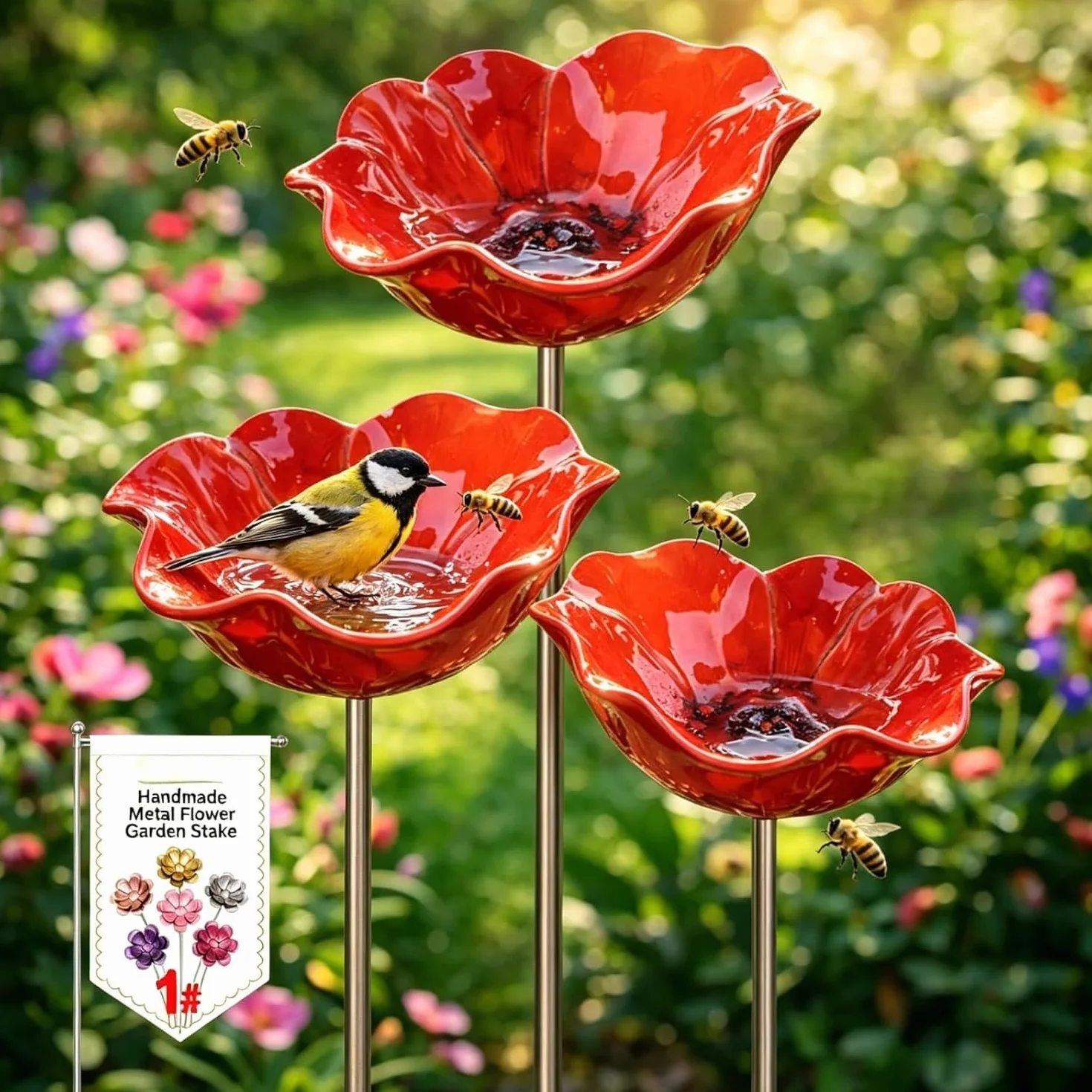 Bain d'oiseaux Extérieur Lot de 3 Vasque de Jardin Bird Bath Abreuvoir Mangeoire Oiseaux sur Pied