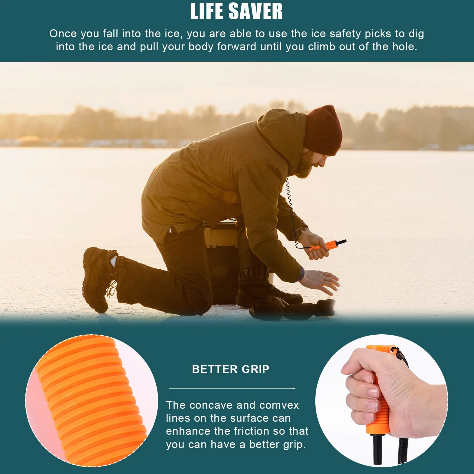 TOYMIS Pic à Glace, Pics à Glace un Pic à Glace Flexible Pic de Sécurité pour la Pêche au Riz Équipement d'Urgence Portable pour Patinage Luge Marchant Sur la Protection de la Glace